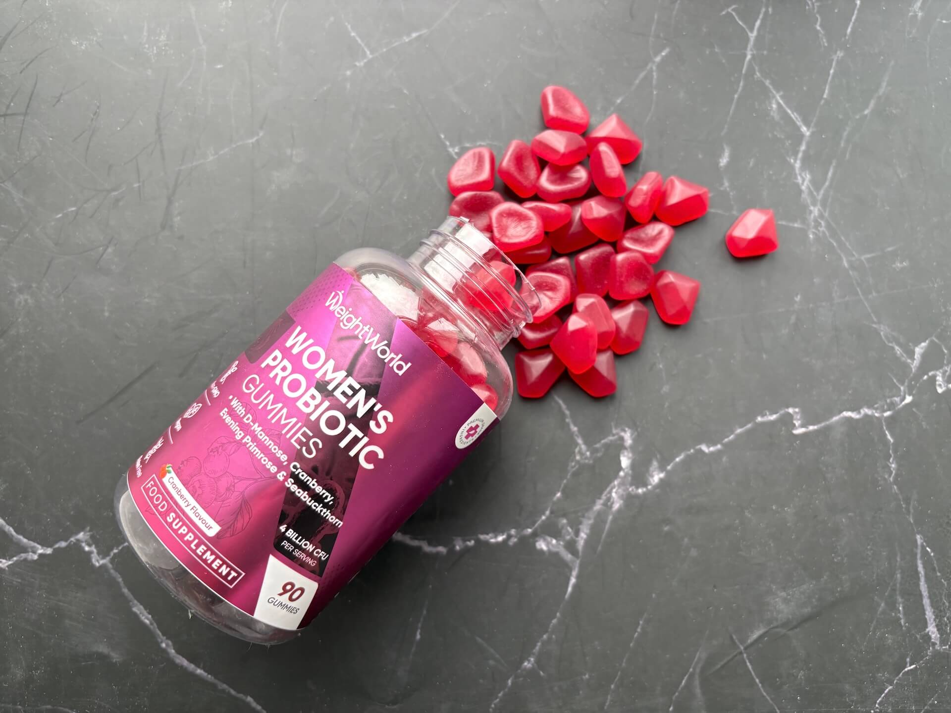 Åbnet WeightWorld Women's Probiotic Gummies på bord