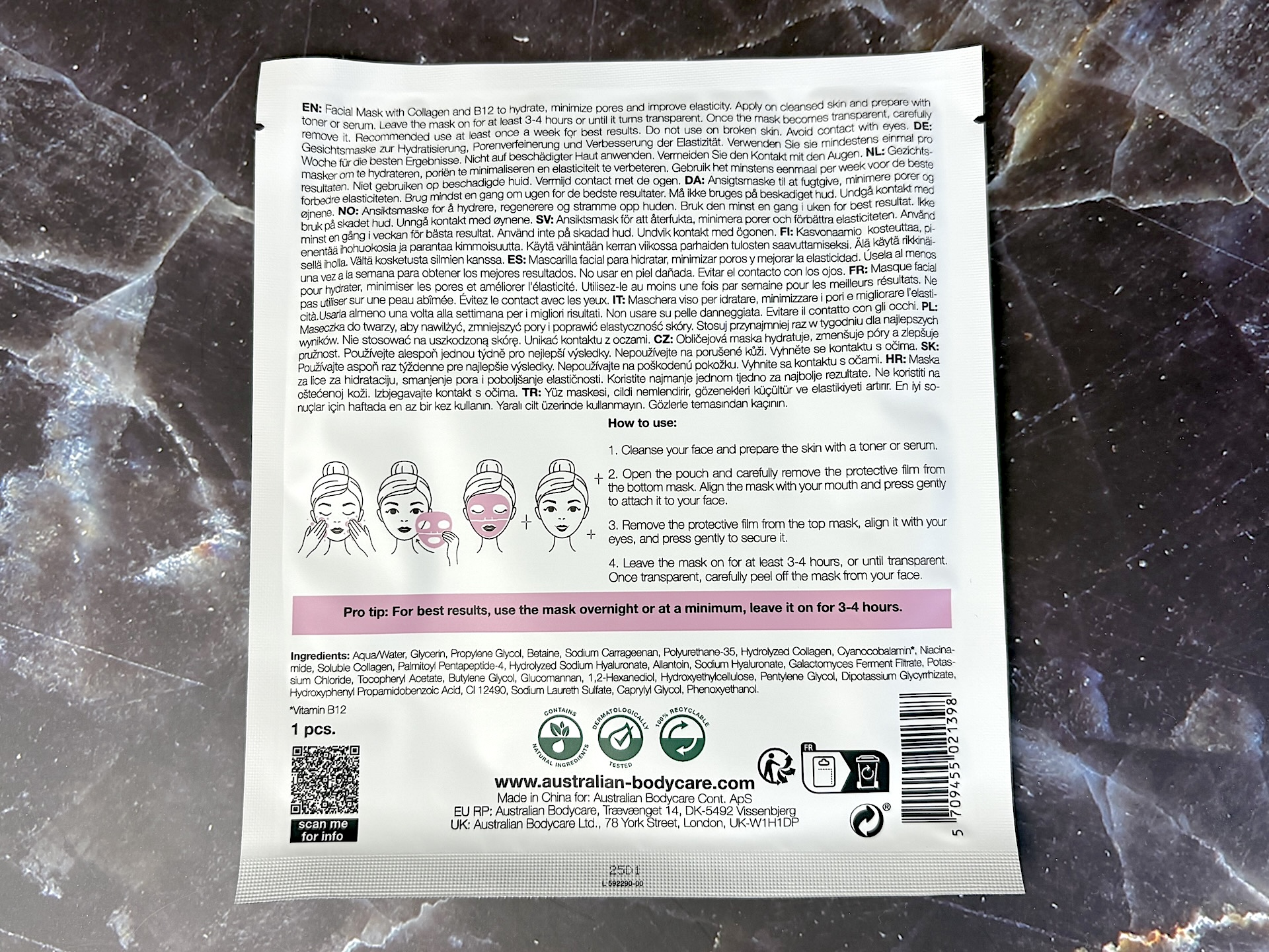 Bagside af Australian Bodycare B12 + Collagen Deep Pink Mask med vejledning