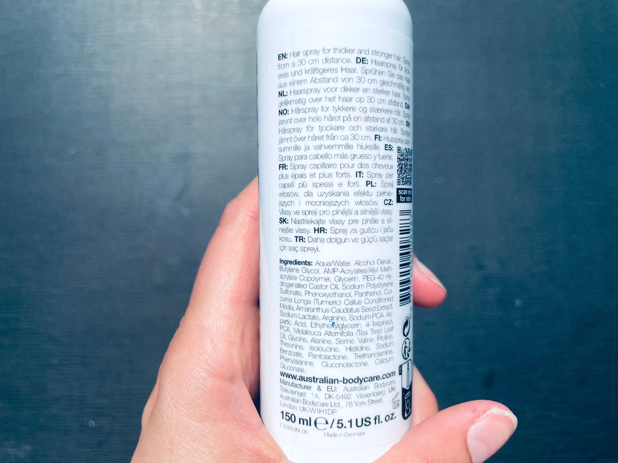 Bagside af Australian Bodycare Hairloss Spray