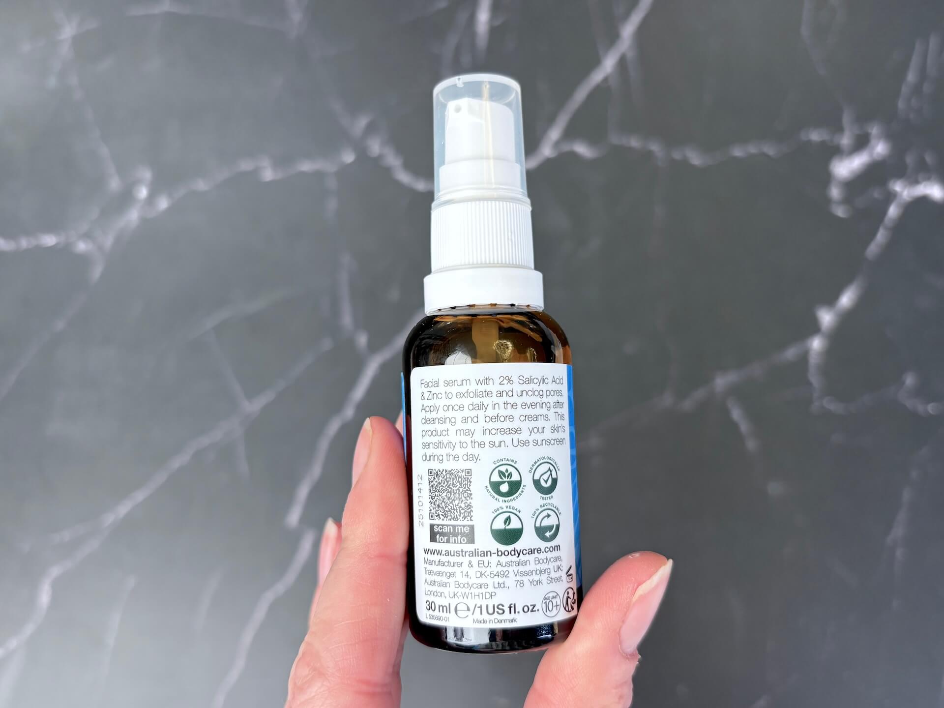 Bagside af Australian Bodycare Salicylic Acid Serum 2%
