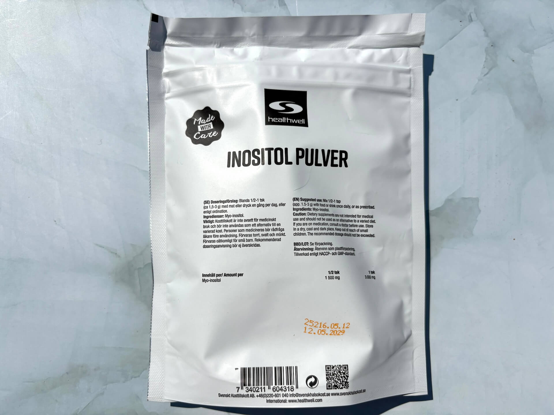 Bagside af Healthwell Inositol Pulver med næringsindhold og info