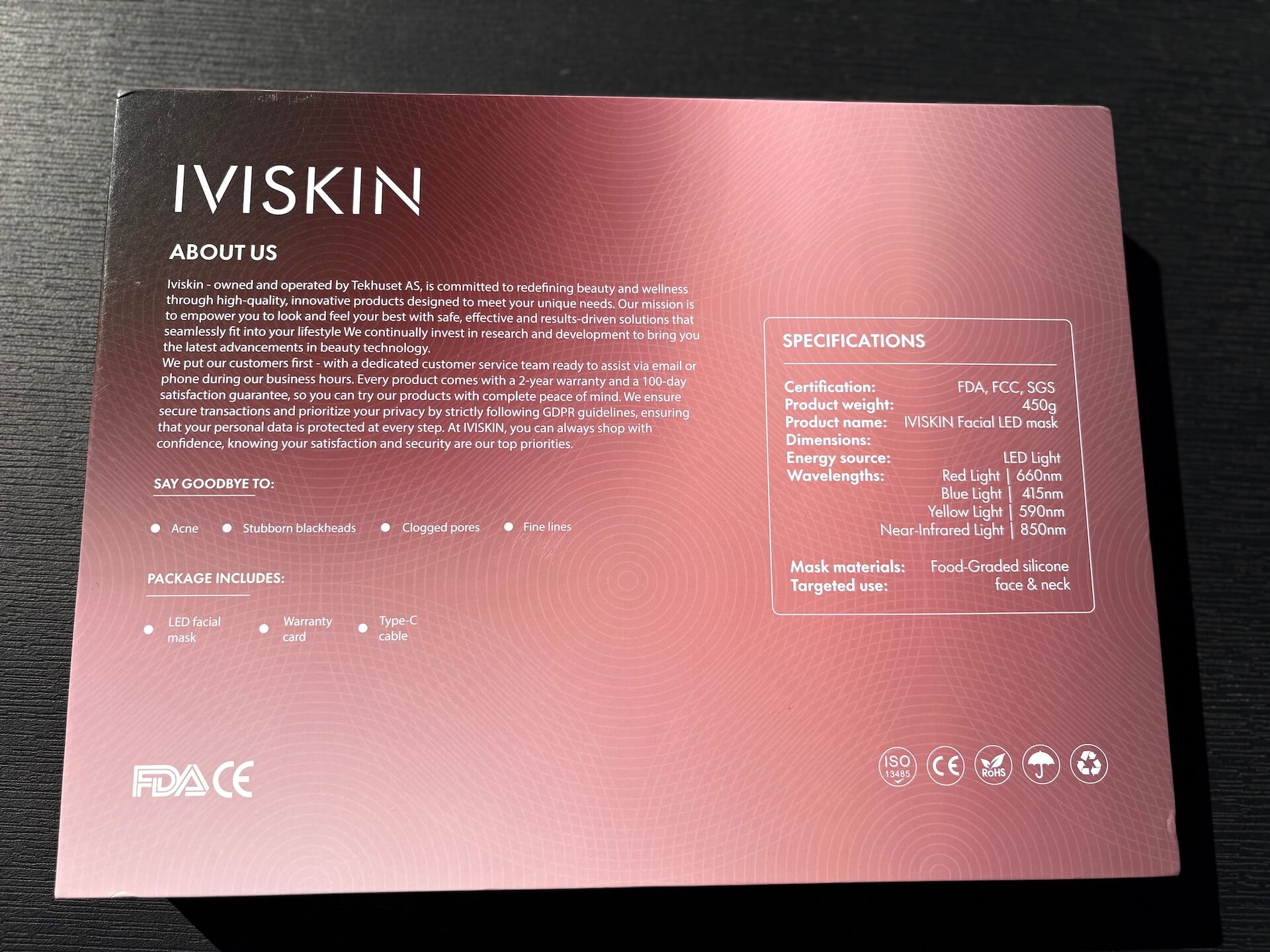 Bagside af IVISKIN LED-maske kasse