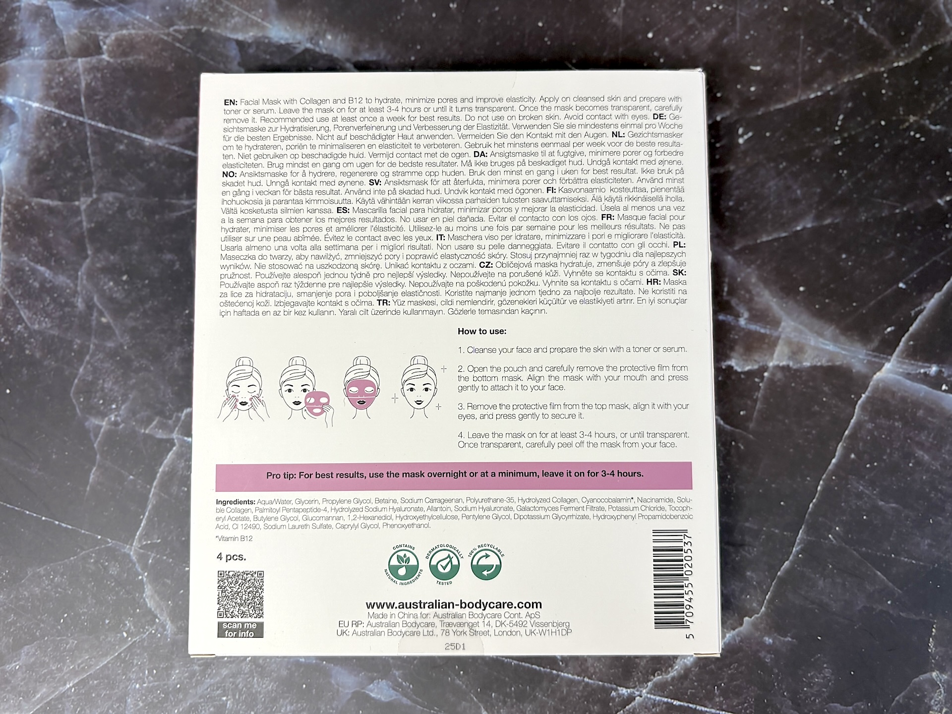 Bagside af kasse med 4Australian Bodycare B12 + Collagen Deep Pink Mask
