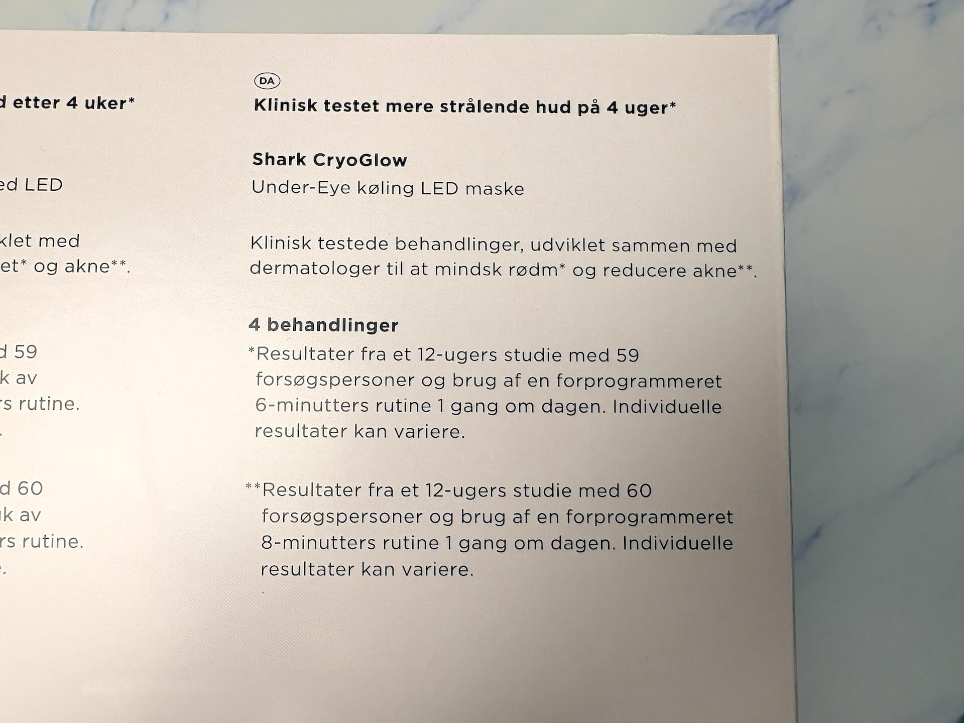 Bagside af kasse med Shark CryoGlow LED Face Mask