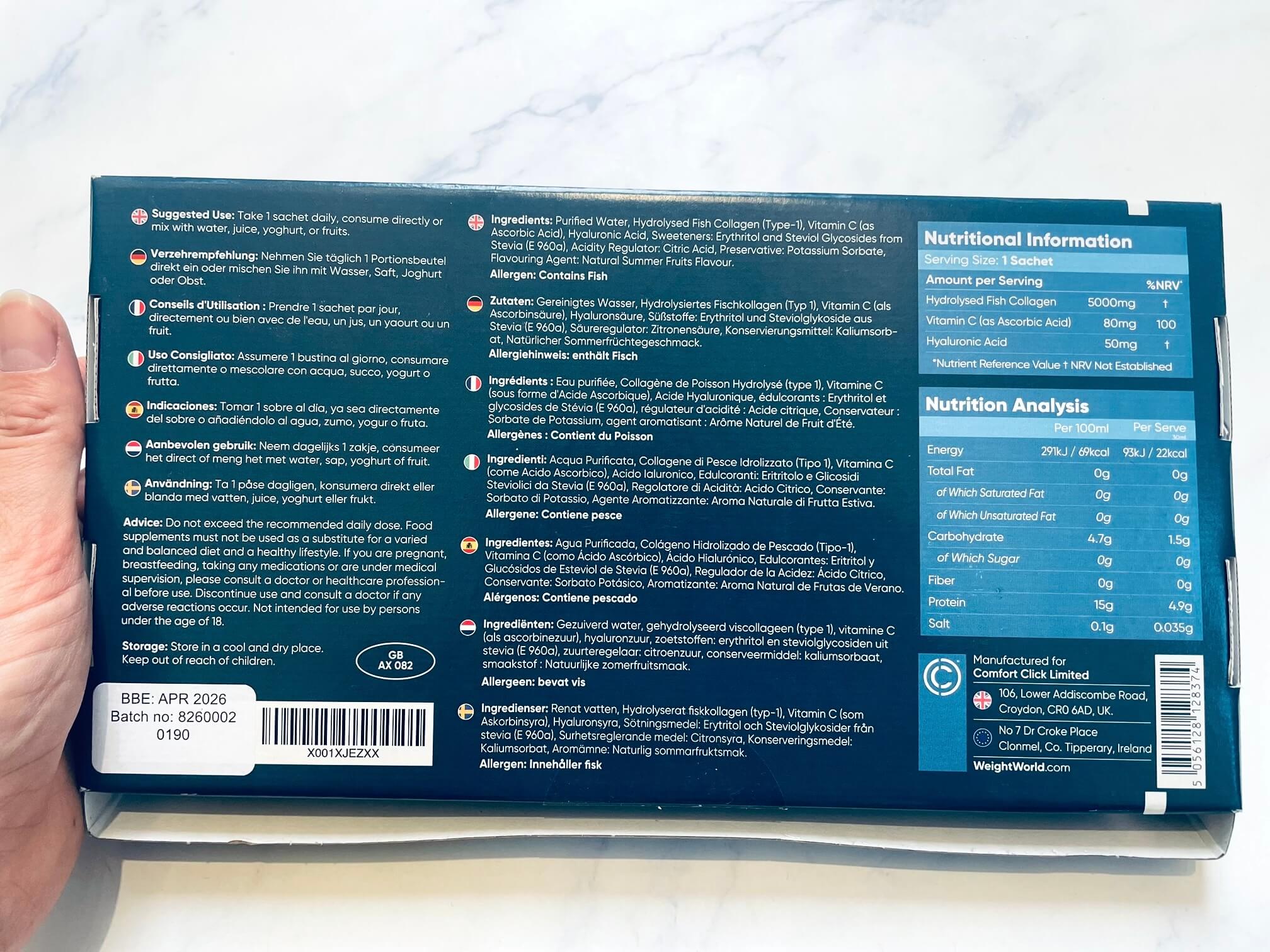 Bagside af kasse med Weightworld Marine Collagen shots
