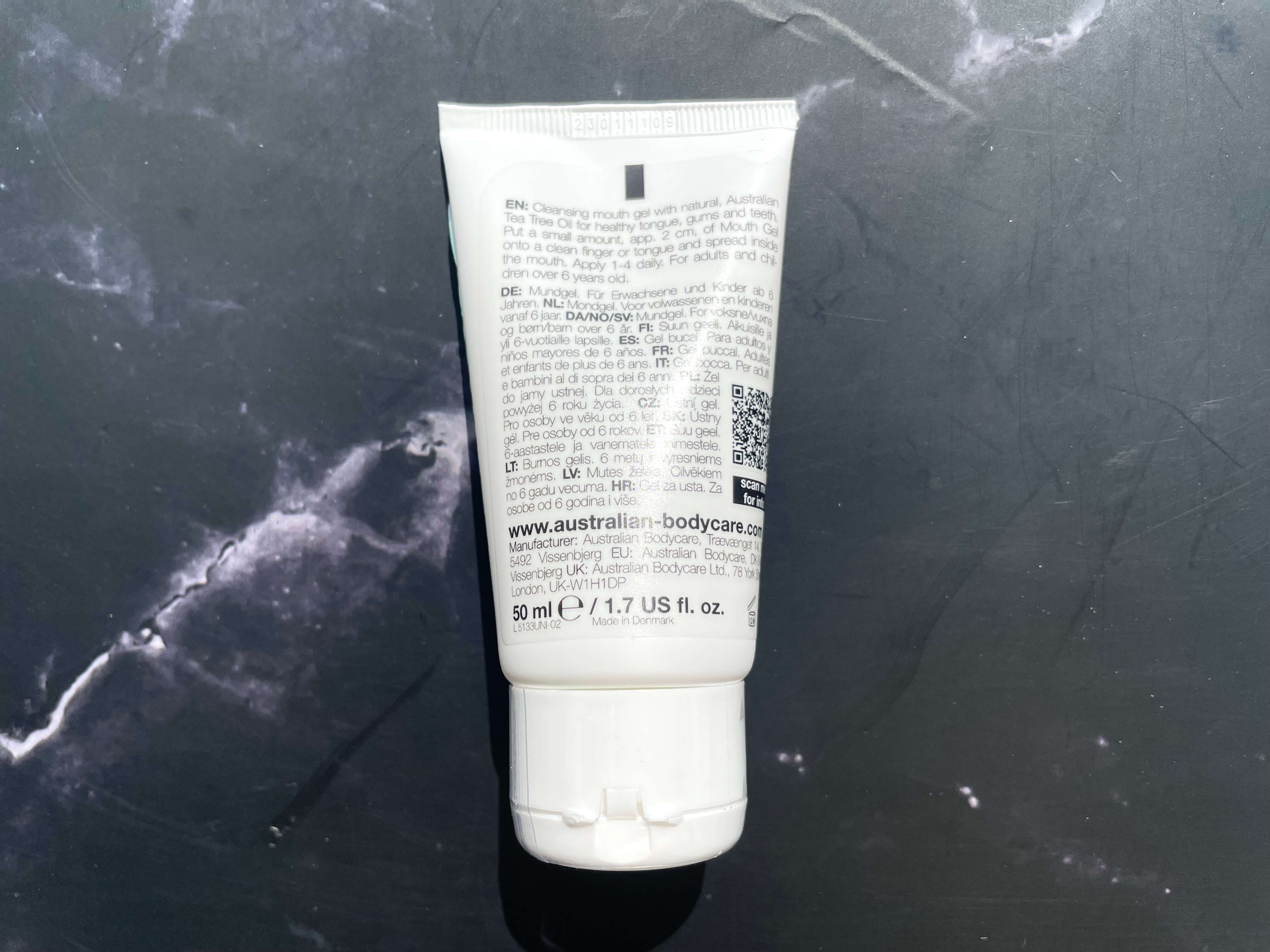 Bagside af Mouth gel fra Australian Bodycare