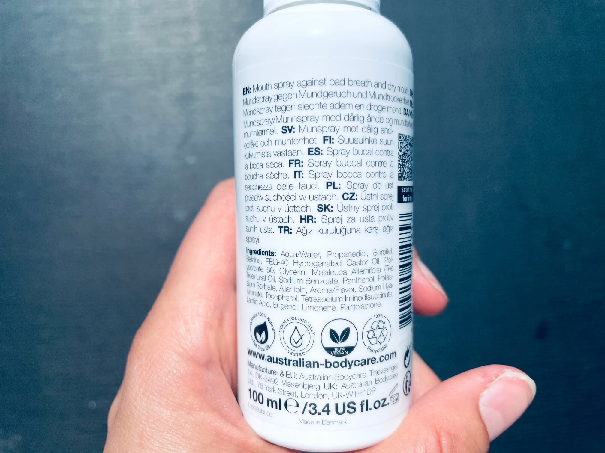 Bagside af Mouth Spray fra Australian Bodycare