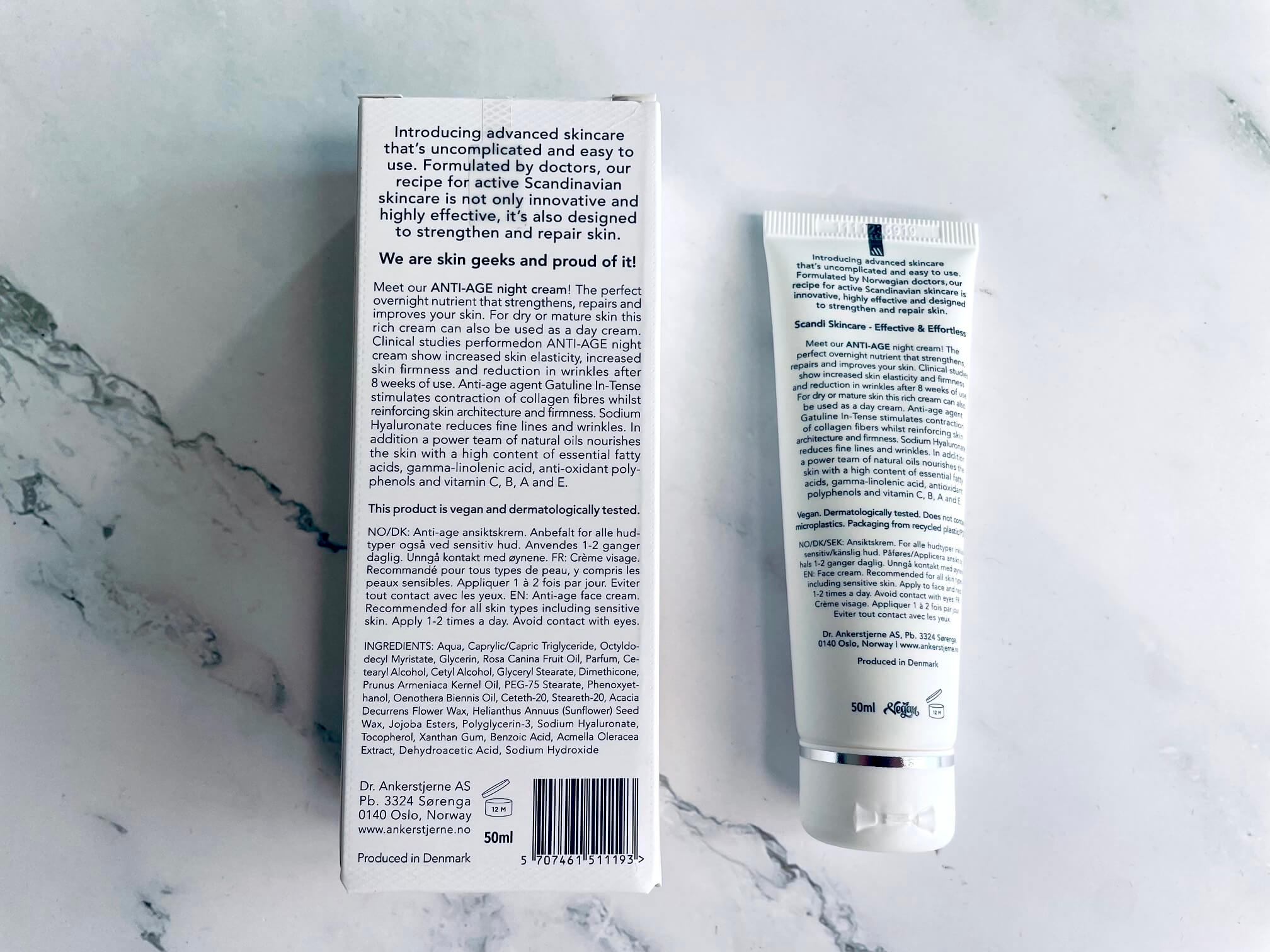 Bagside af natcreme med ingredienser på Dr. Ankerstjerne ANTI-AGE nightcream rich