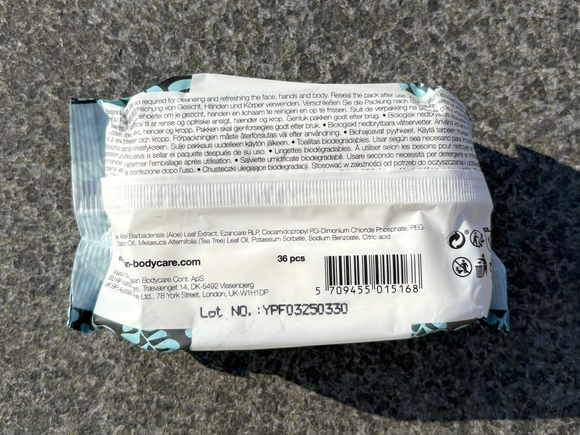 Bagside af pakke med Australian Bodycare All Over Wet Wipes