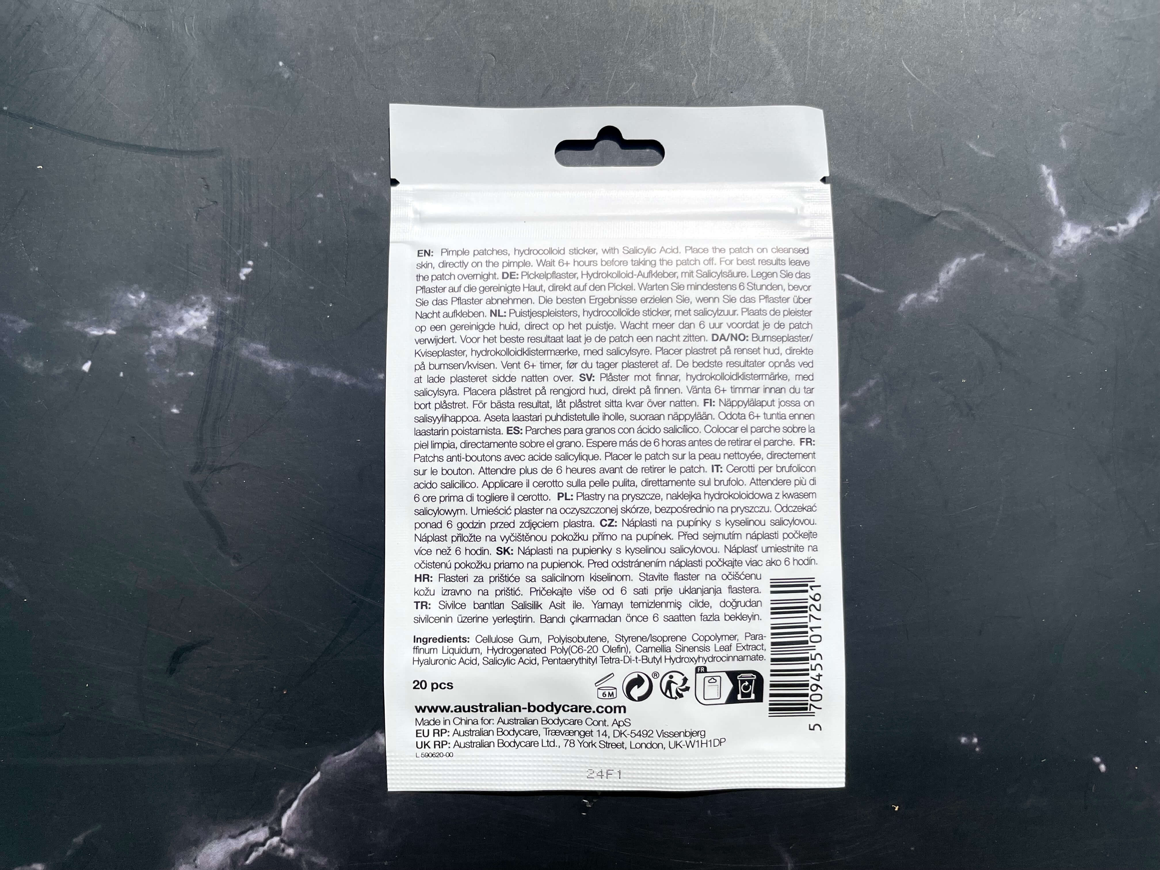 Bagside af Pimple Patches fra Australian Bodycare