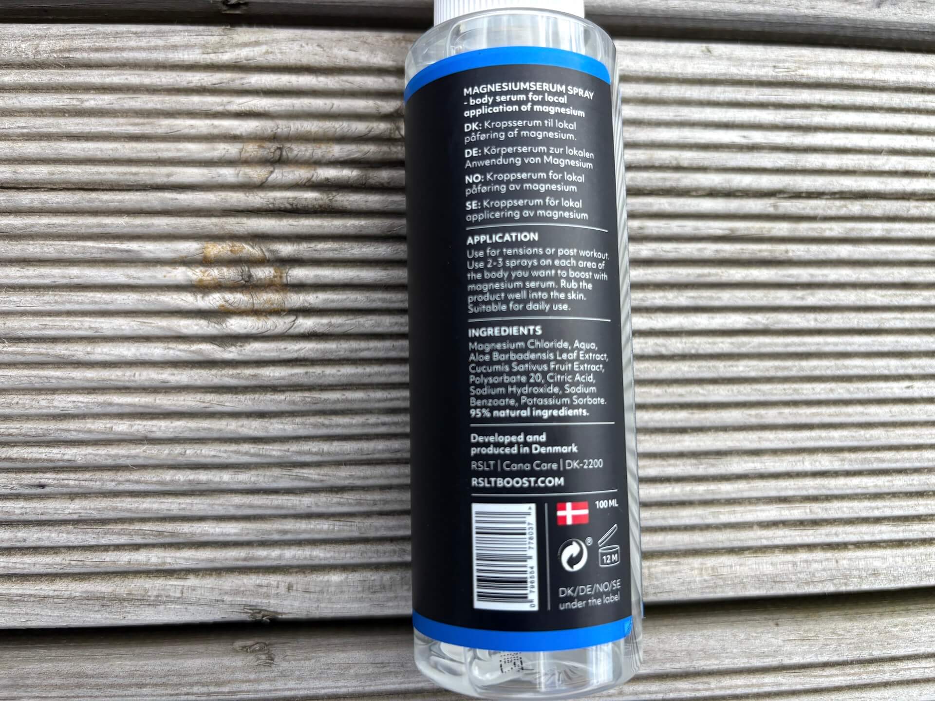 Bagside af RSLT Magnesium Spray med ingredienser og brugsanvisning