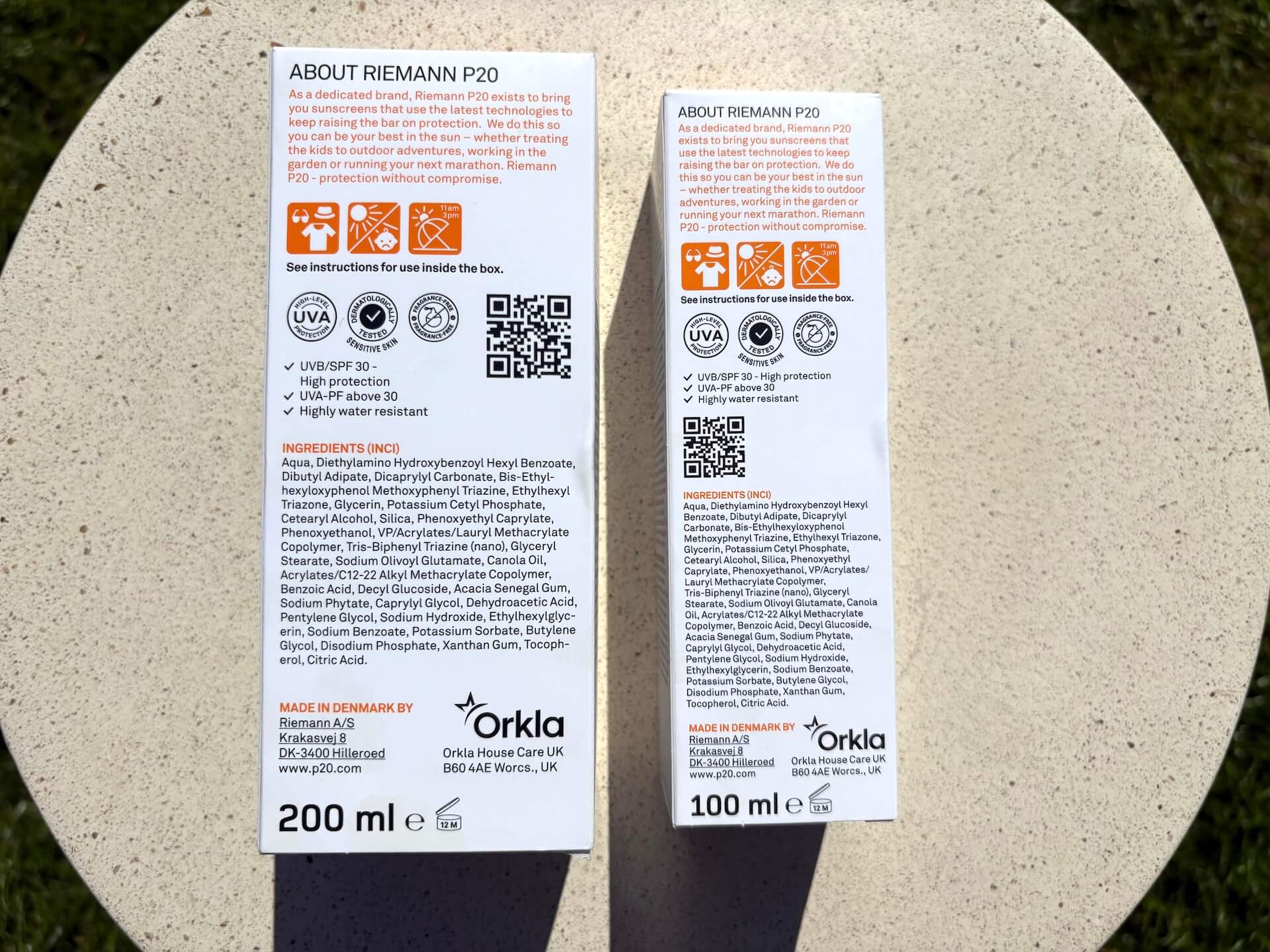 Bagside af to P20 Riemann Sensitive Skin SPF 30 solcreme