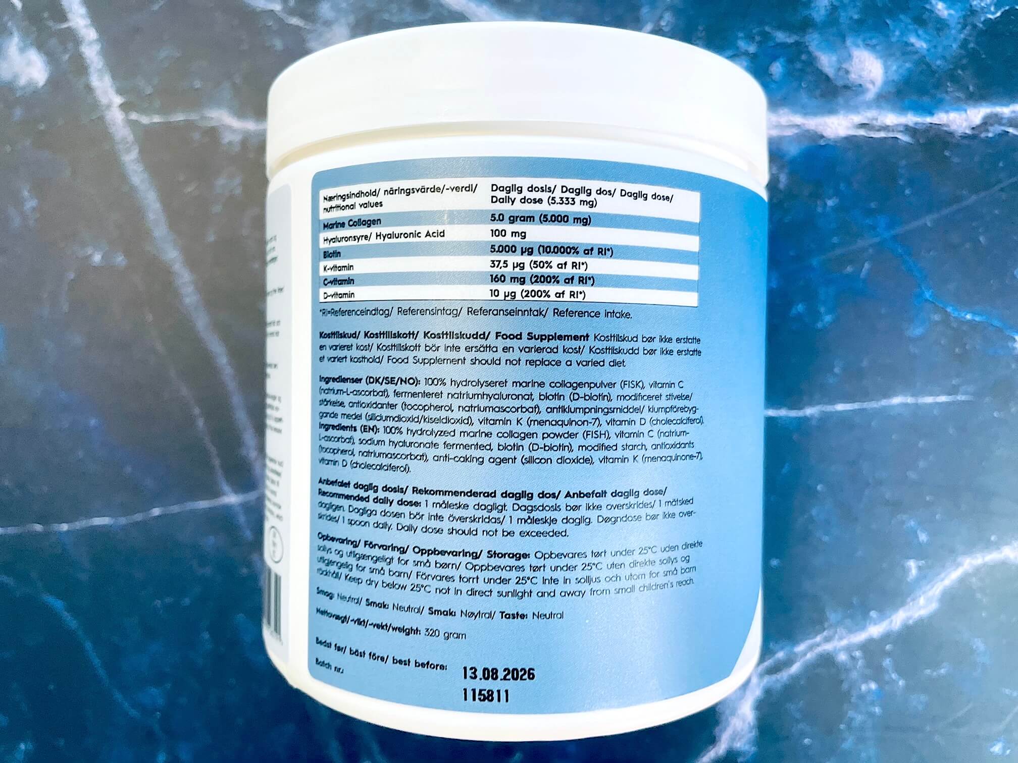 Bagside med ingredienser fra Copenhagen Health på Pro Edition marine kollagen