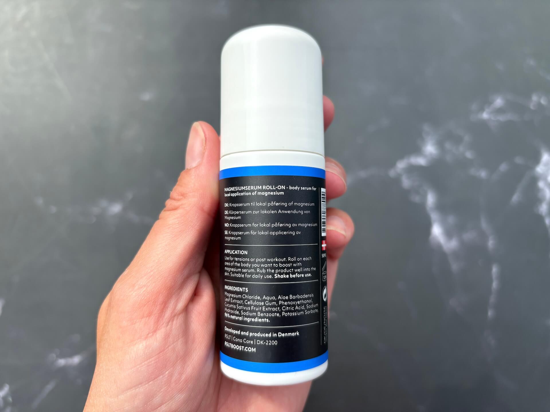 Bagside med ingredienser på RSLT Magnesium Roll-On
