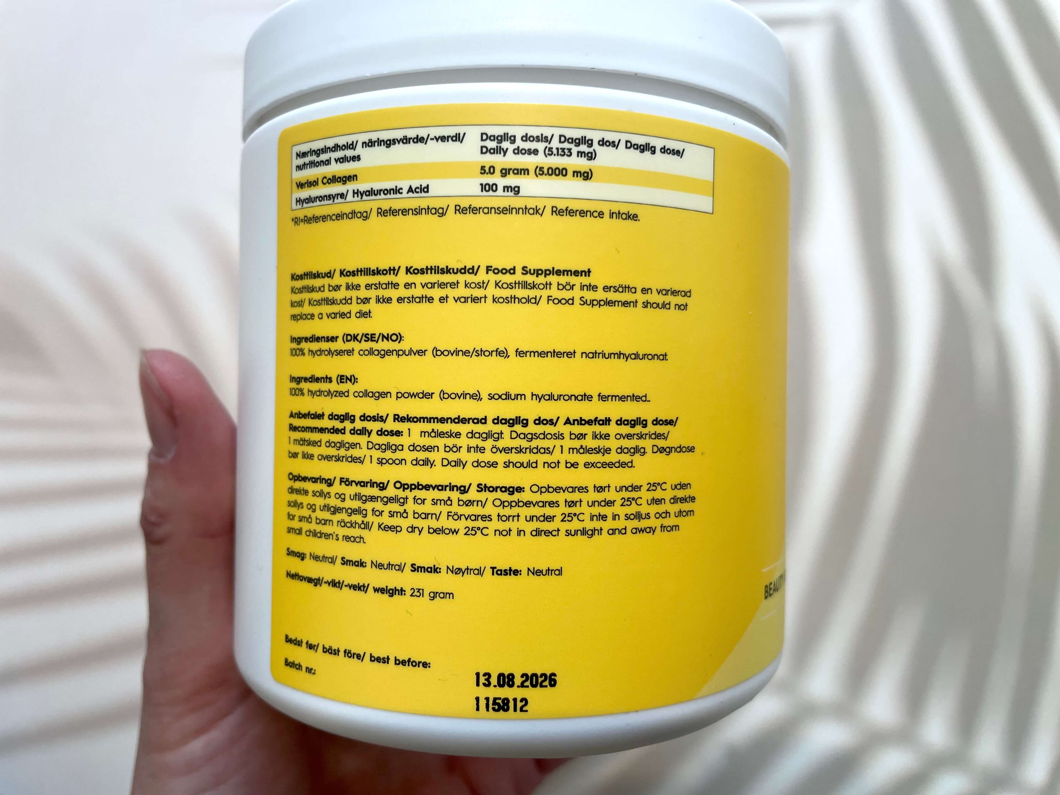 Bagside med ingredienser på Verisol kollagenpulver fra Copenhagen Health