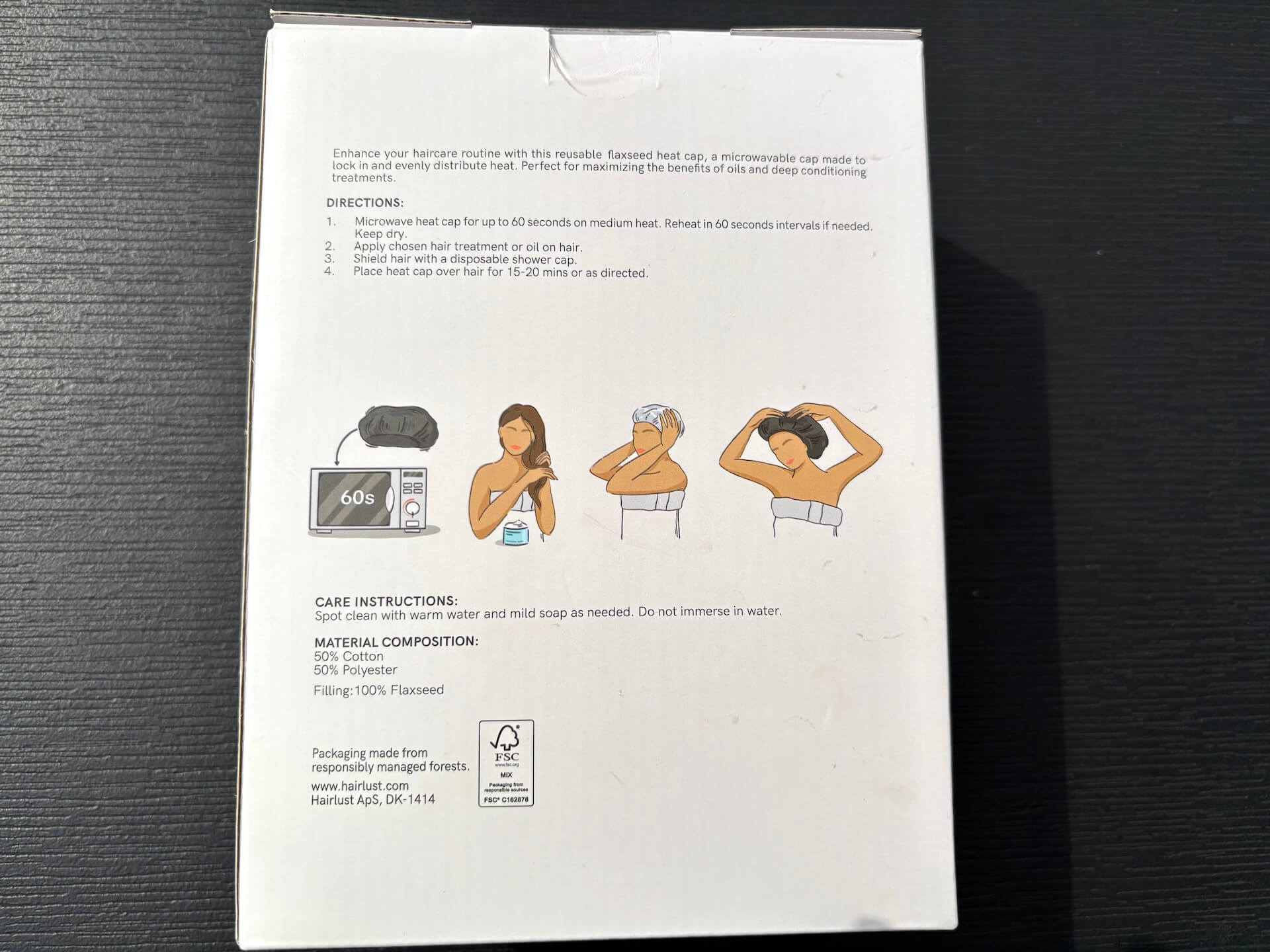 Bagside med instruktioner på Hairlust Flaxseed Reusable Heat Cap