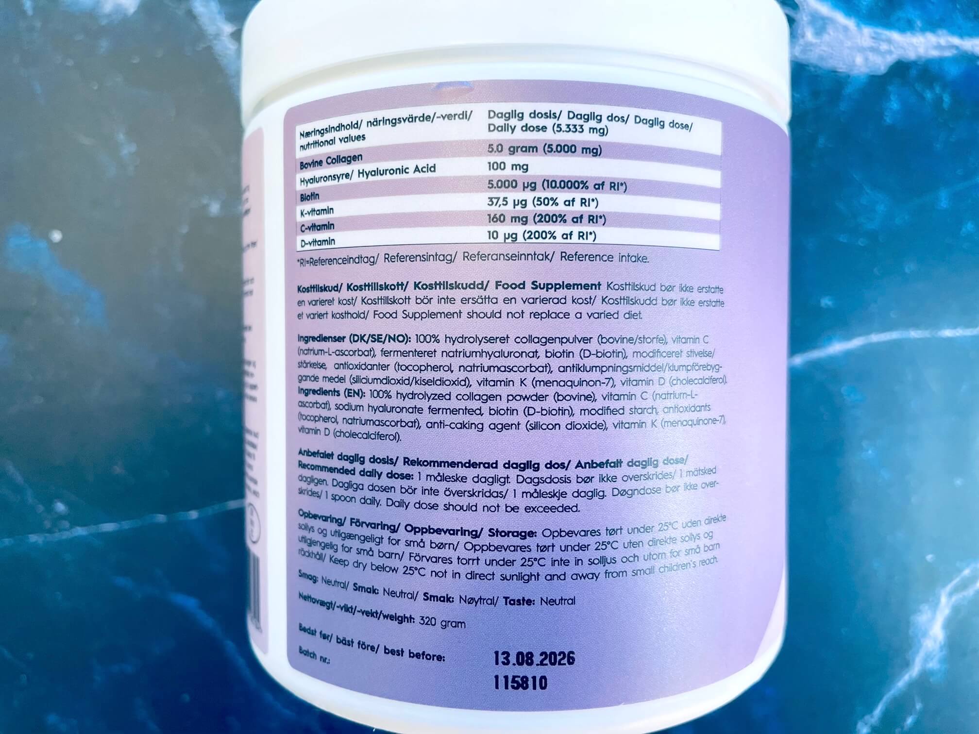 Bagside med næringsindhold i Bovine Collagen Pro Edition fra Copenhagen Health