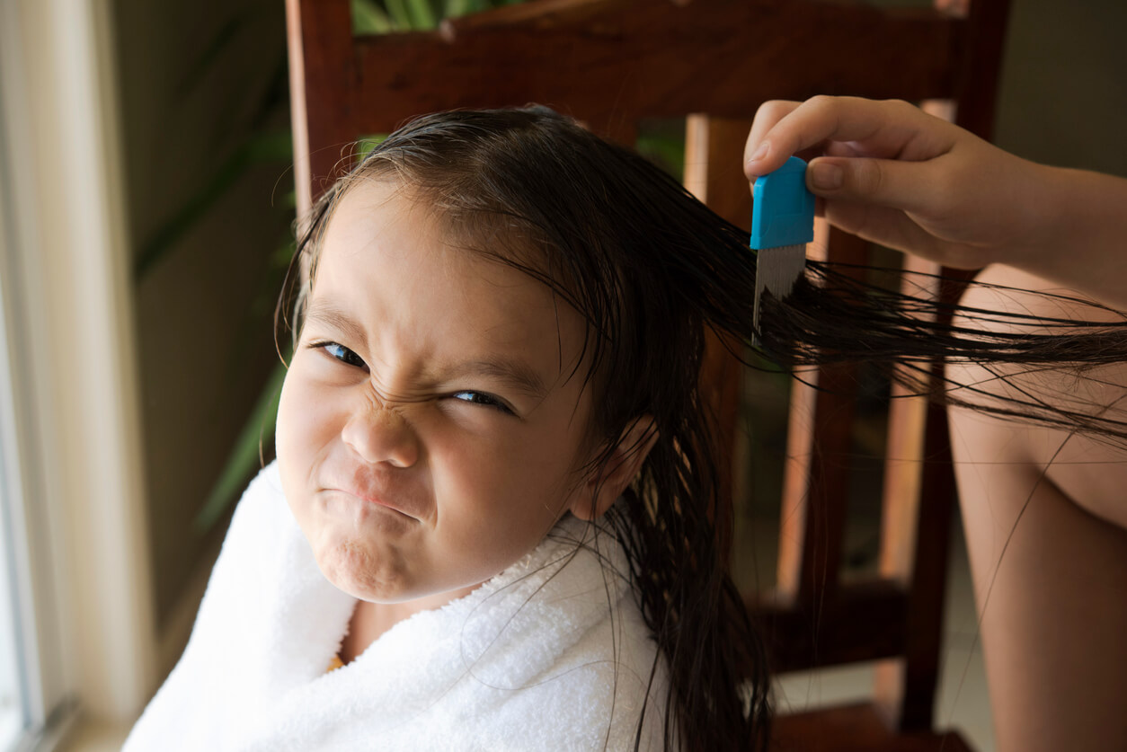 Barn får kæmmet håret med luseshampoo i tørt hår