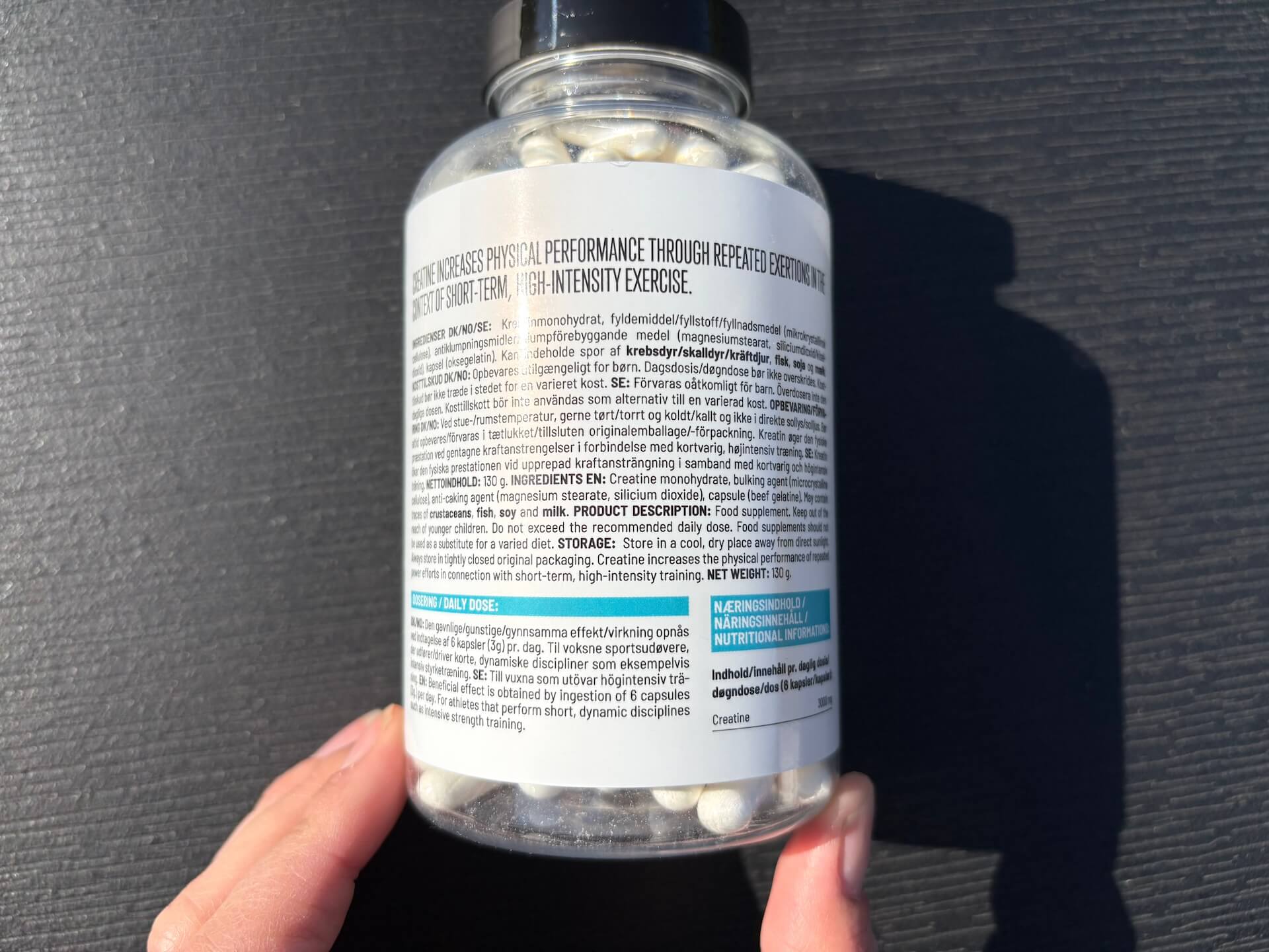 Brugsvejledning til Bodylab Creatine Capsules på bagside af bøtte