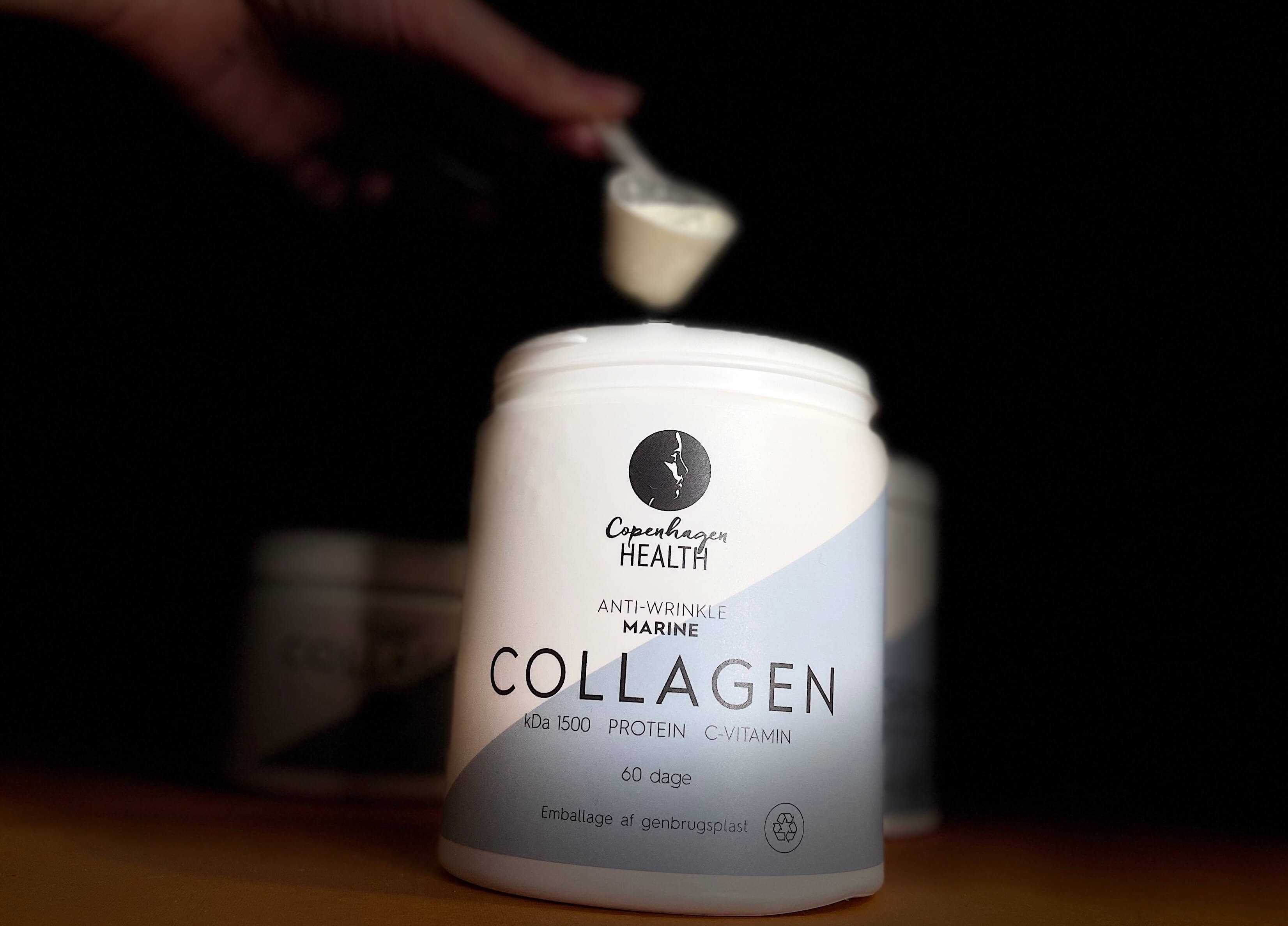 Copenhagen Health marine collagen ned pulver i baggrunden