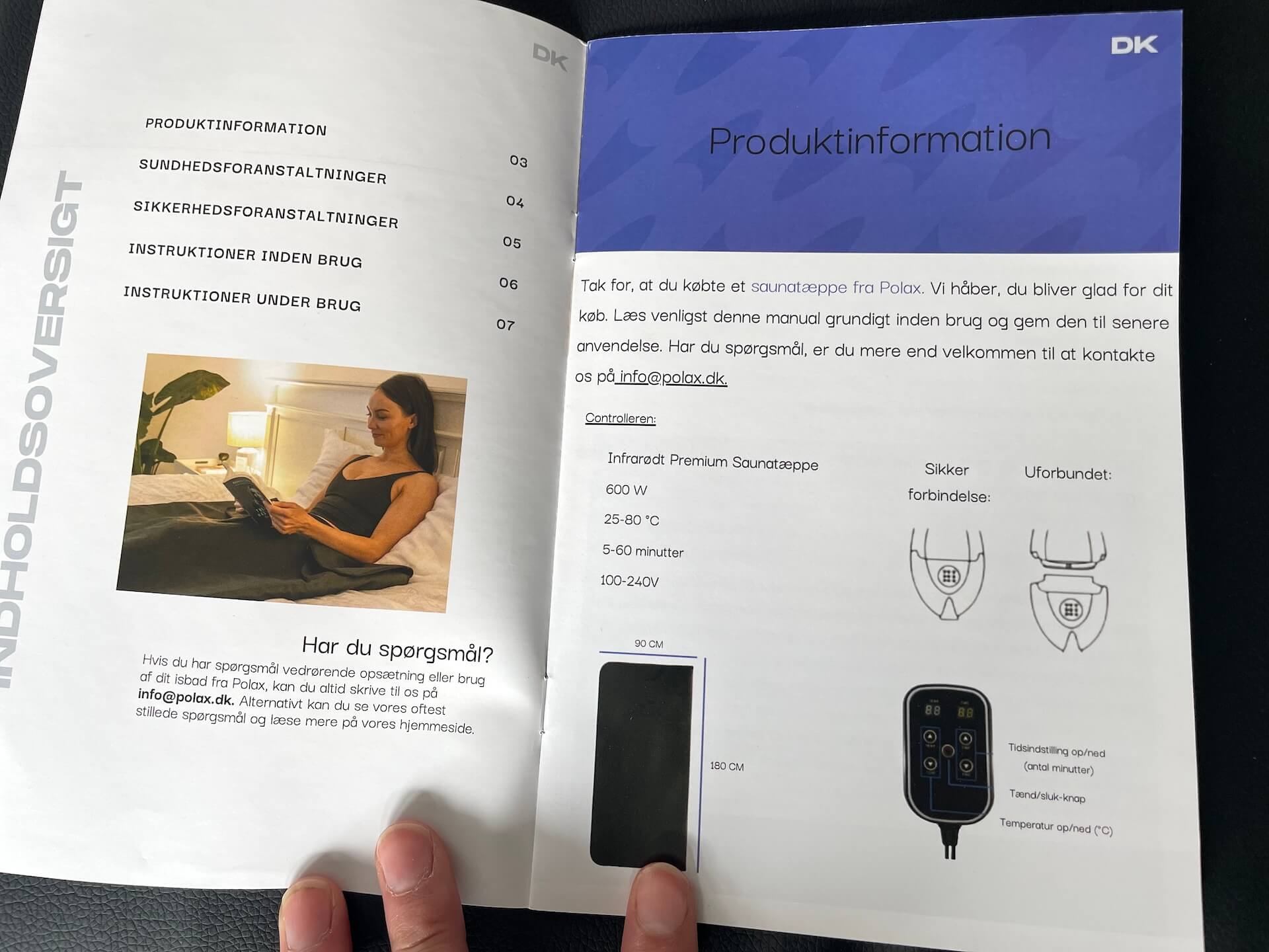 Dansk brugsanvisning til Premium Infrarødt Saunatæppe fra Polax