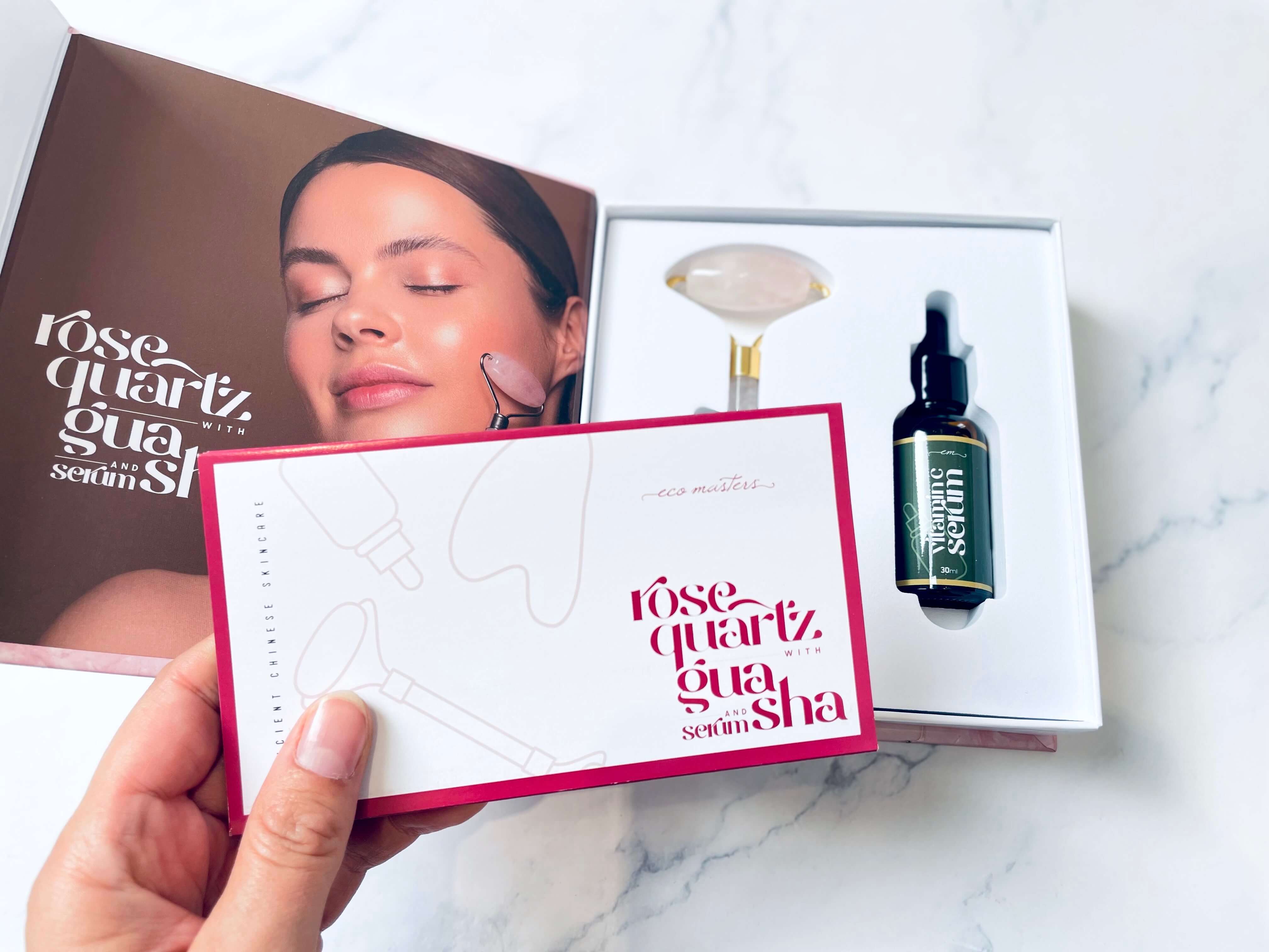 Eco Masters rose quartz gua sha sten & jade roller i kasse