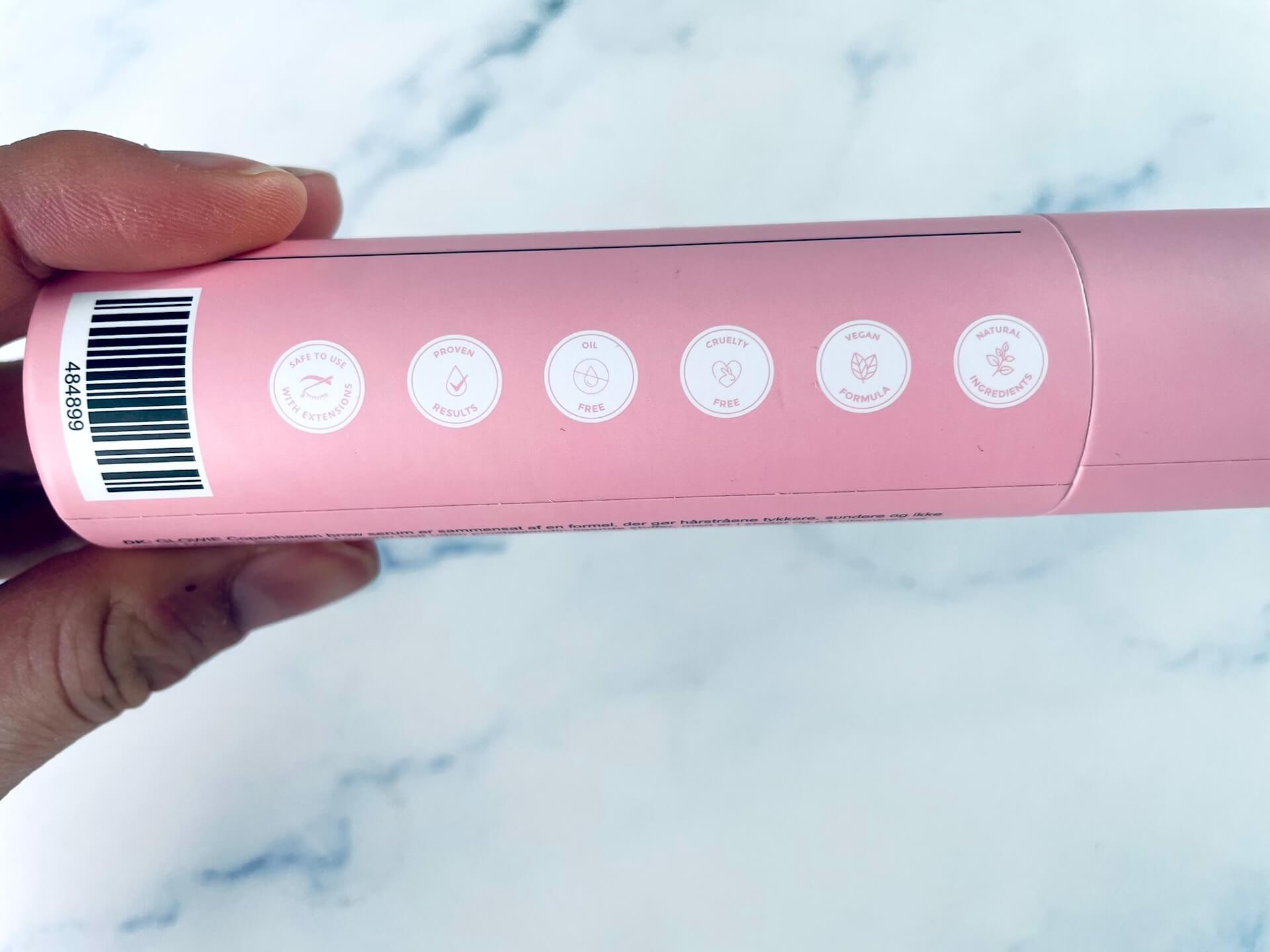 Glowie Eyebrow Growth Serum fordele på siden af pakken