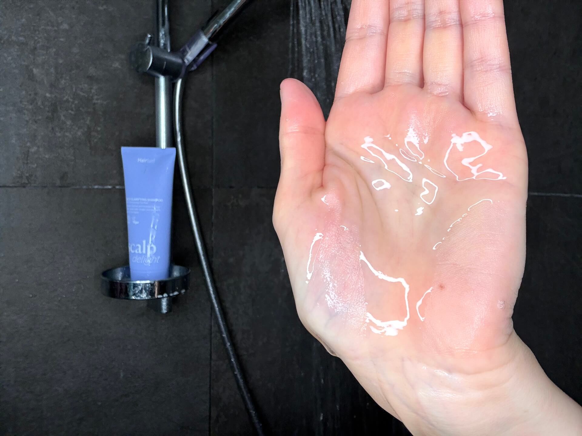 Hairlust Scalp Delight ACV Clarifying Shampoo i håndflade