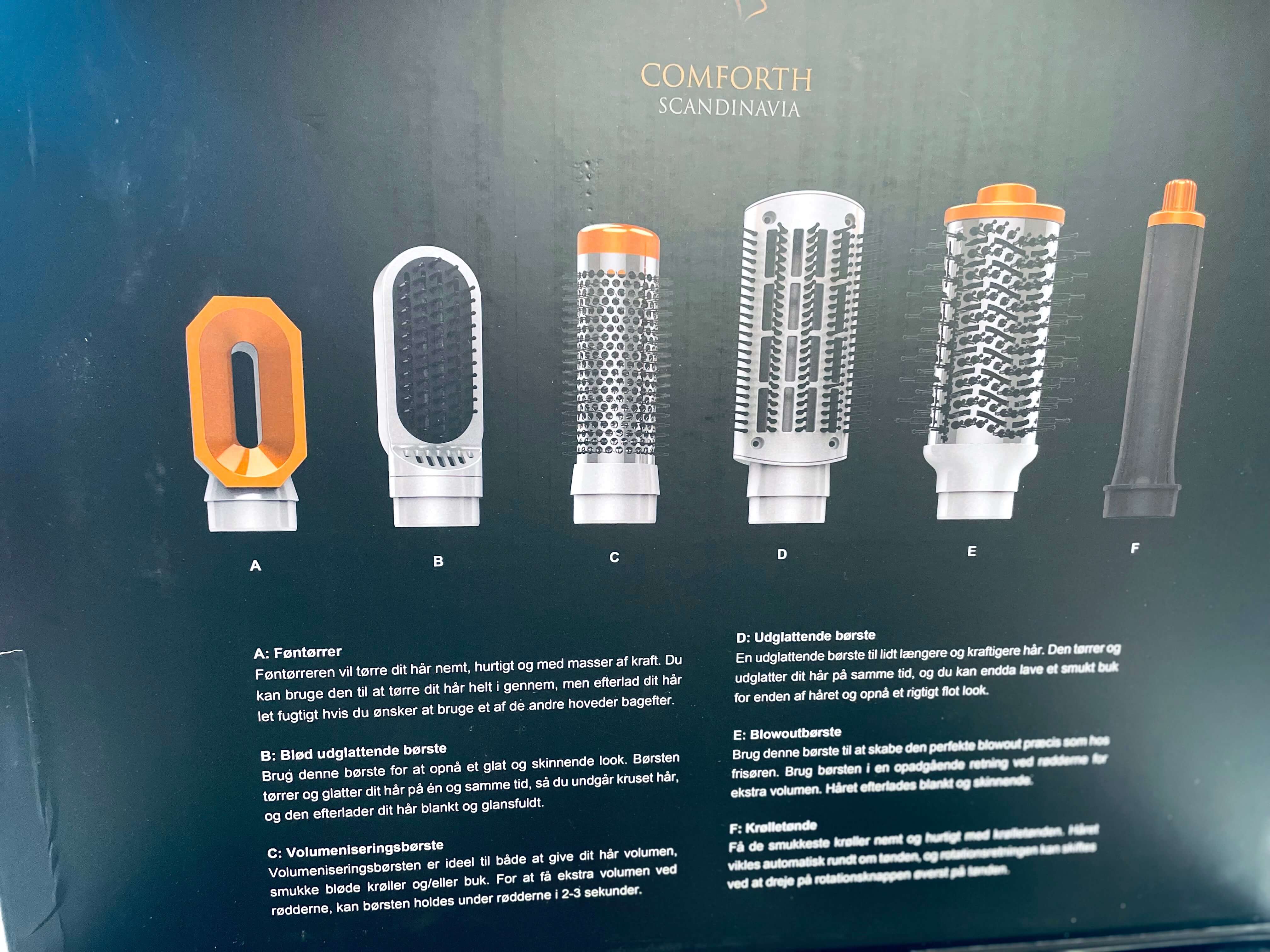 Inderside af kasse med Comforth AirPro™ 6-i-1 hårtørre