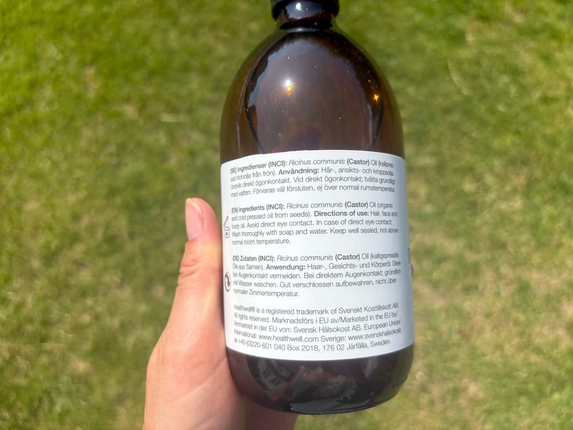 Info på flaske med Healthwell PURE Ricinus Castor olie ØKO