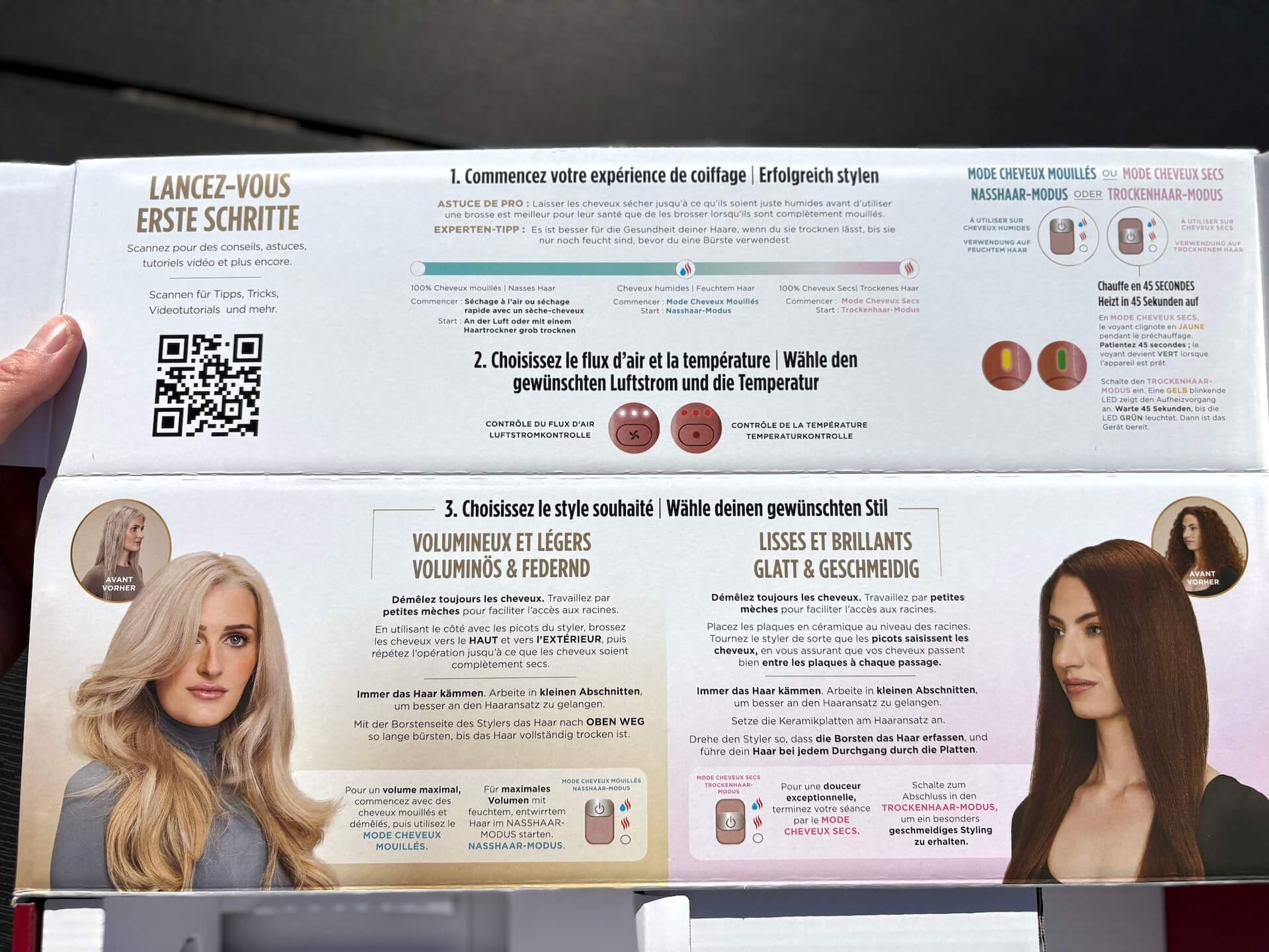 Info på inderside af Shark Glossi glattebørste kasse