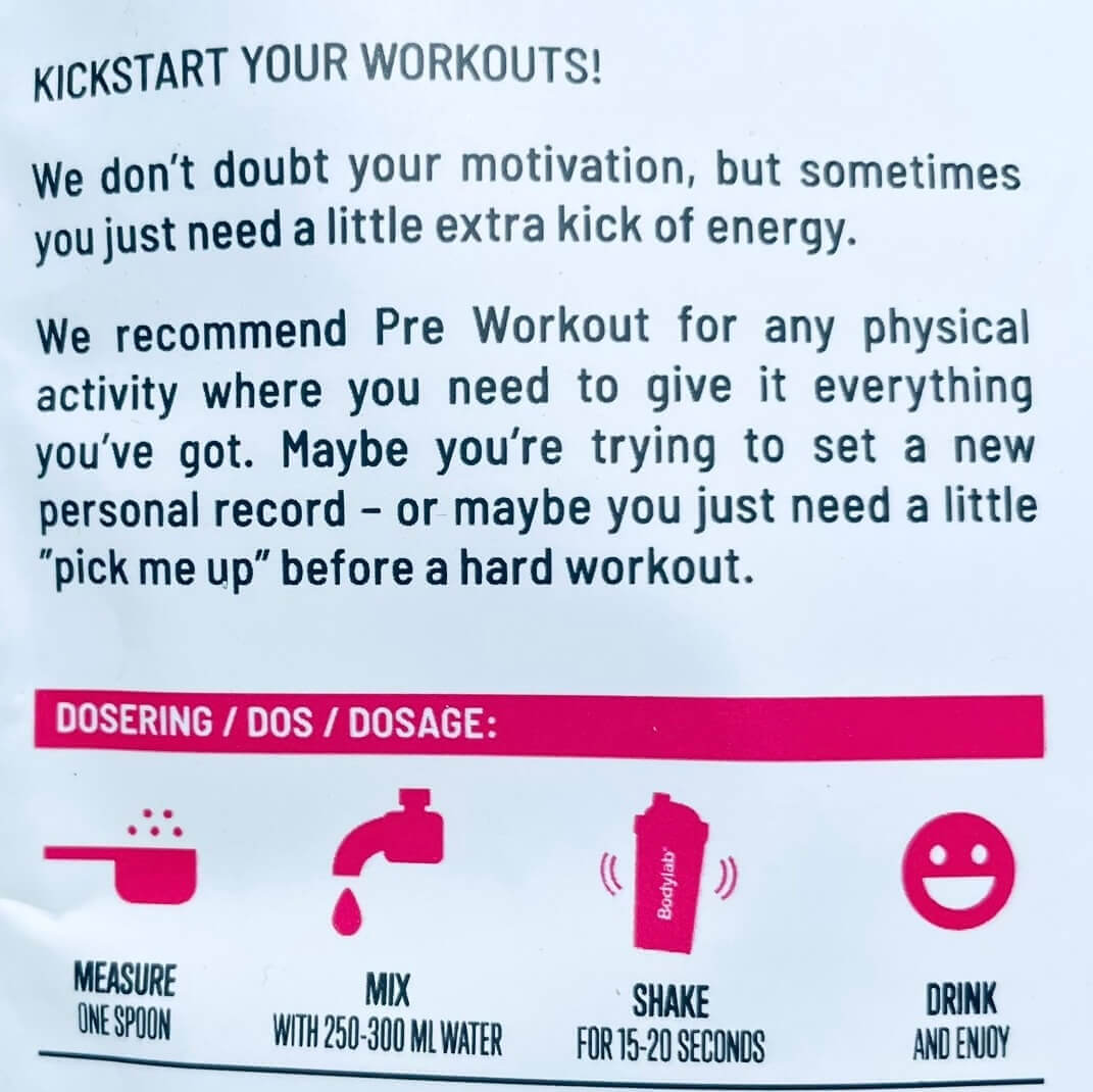 Information på bagside af Bodylab Pre Workout