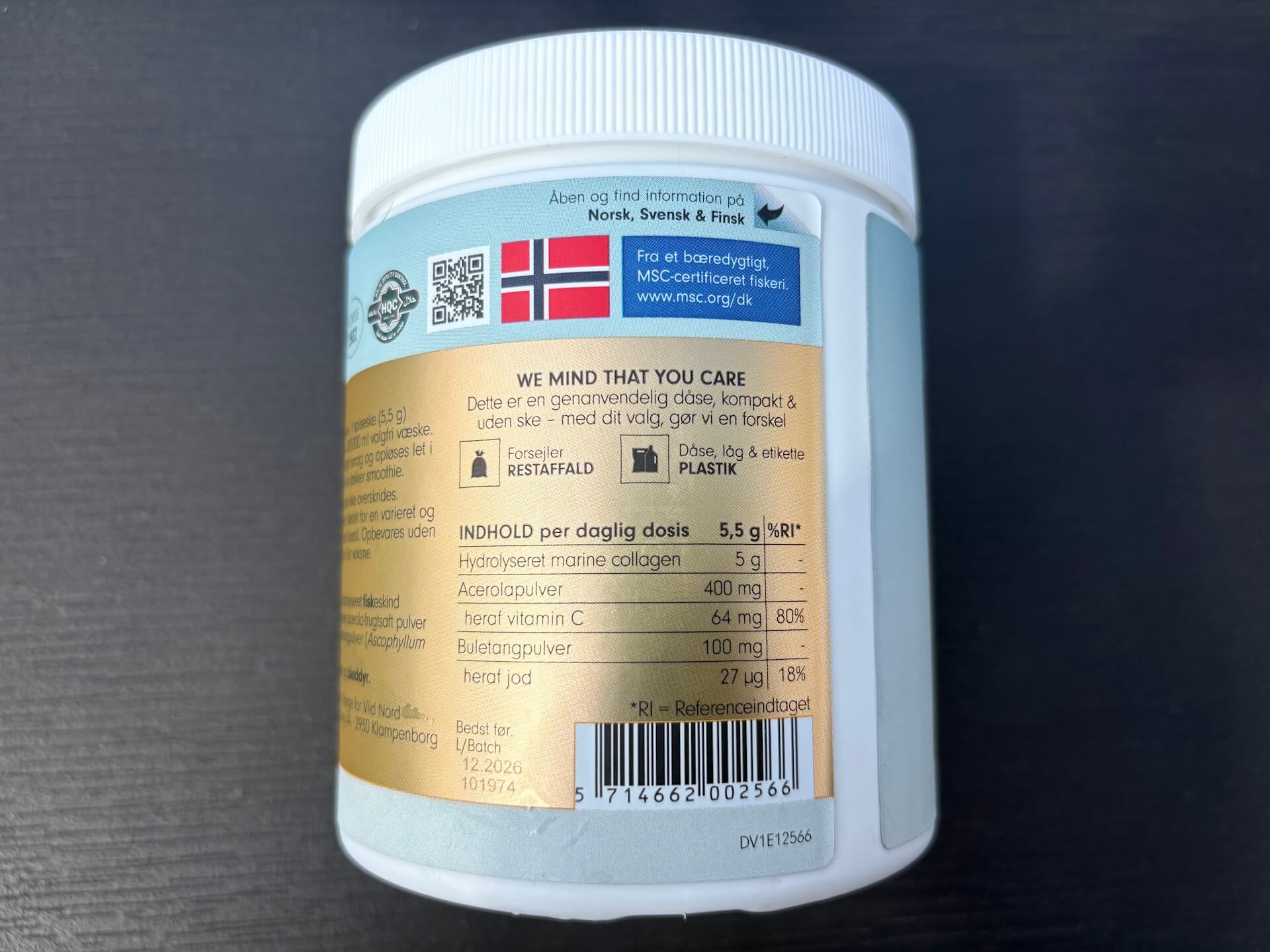 Ingredienser på bagside af Vild Nord Collagen Gold