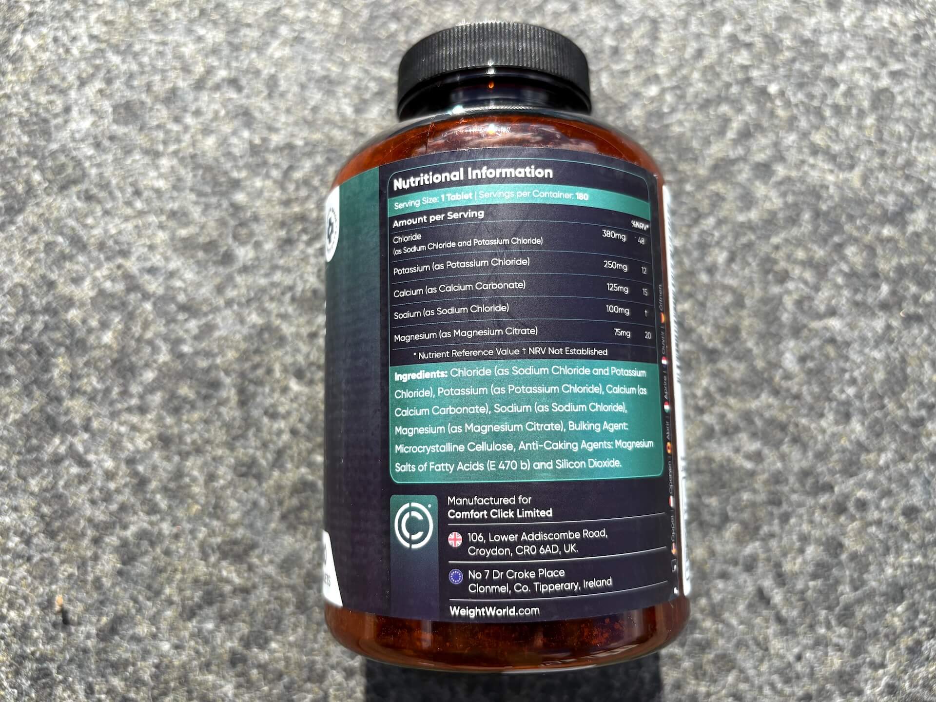 Ingredienser på bagside af WeightWorld Electrolyte Complex