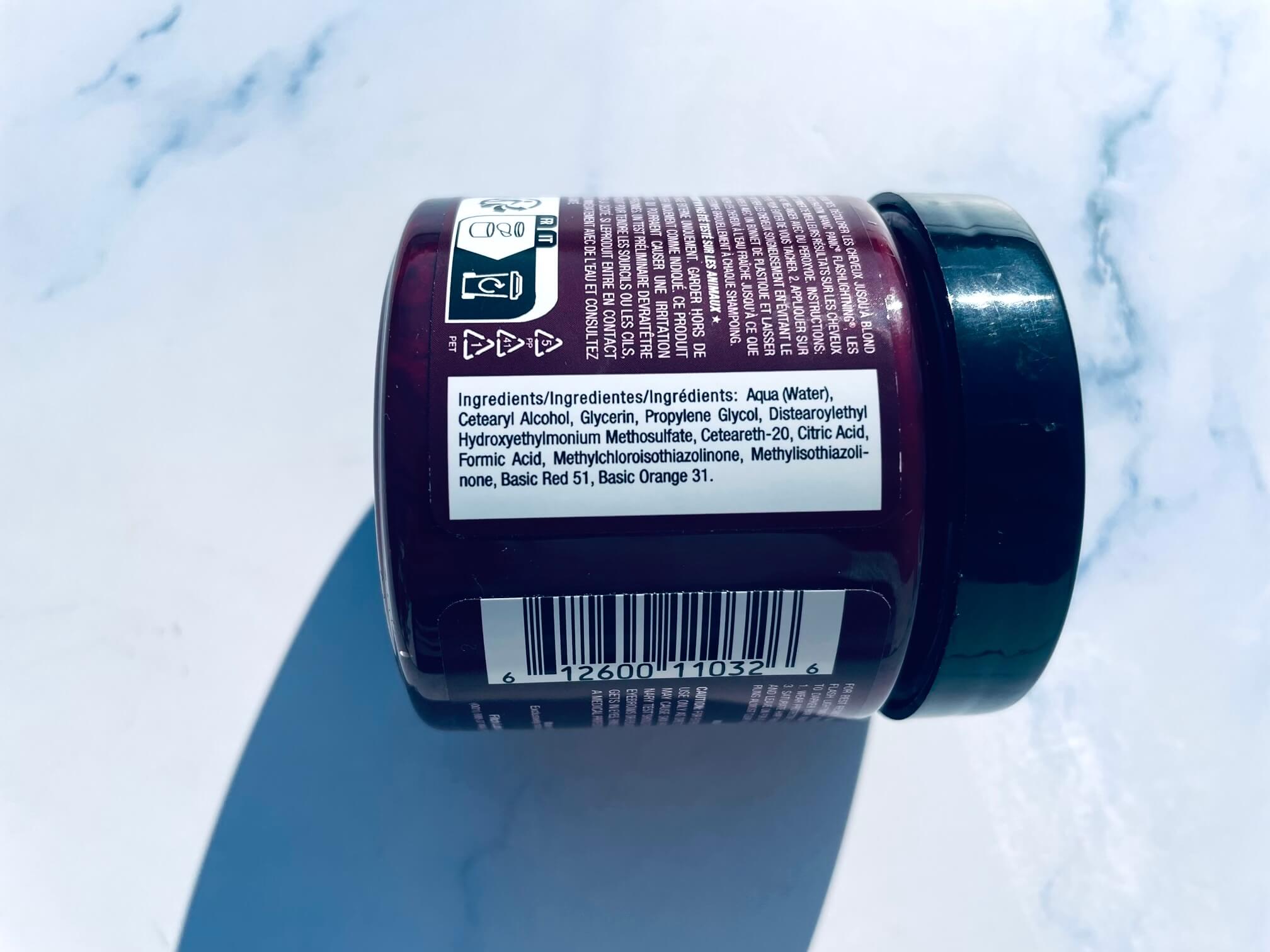 Ingrediensliste på Manic Panic Semi-Permanent Hårfarve vampire red