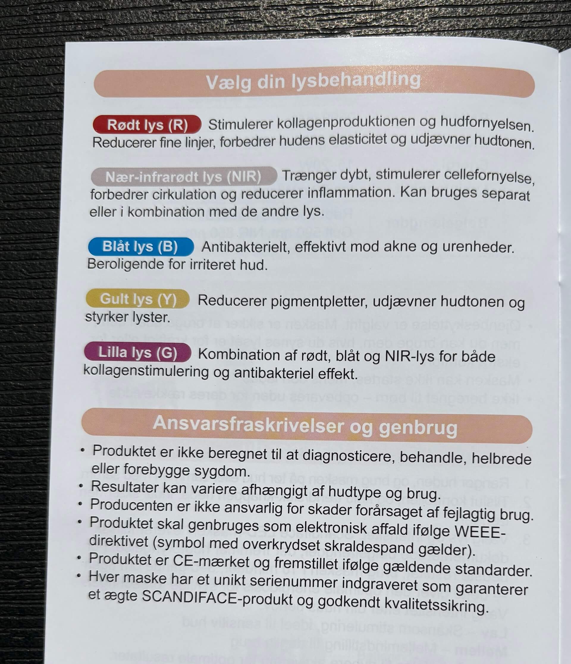 Lysinformation til Scandiface Skinboosting LED mask