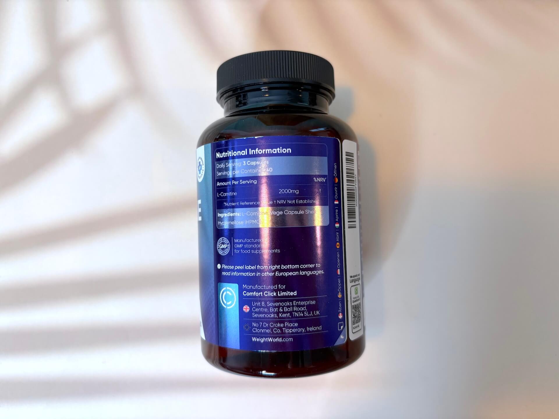 Næringsindhold i WeightWorld L-Carnitine