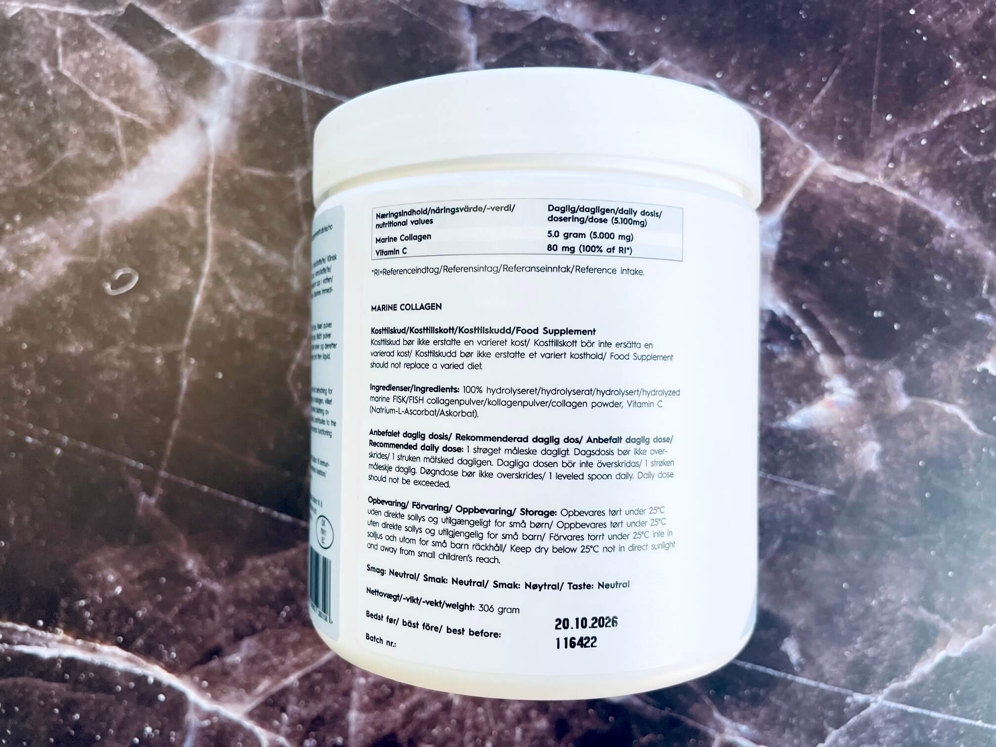 Næringsindhold og brugsanvisning på bøtte med Marine Collagen+ (60 dage)