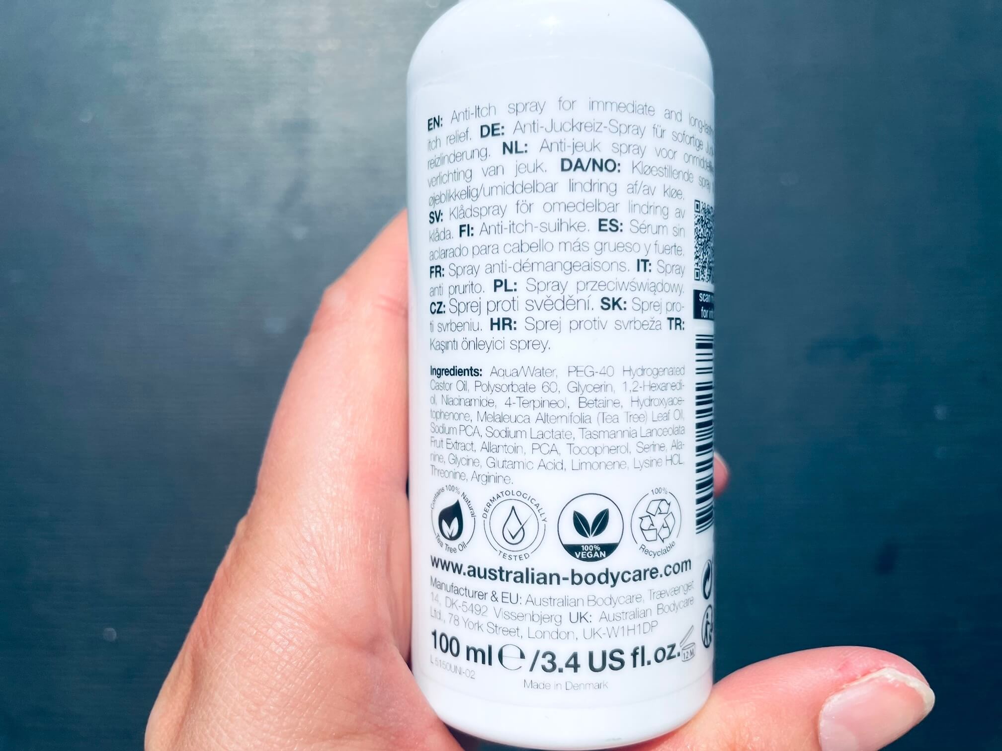 Bagside af Australian Bodycare Anti-Itchs spray