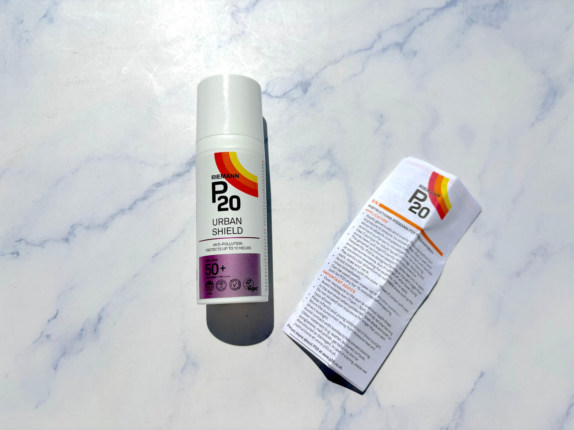 P20 Riemann Urban Shield SPF 50+ og vejledning på papir