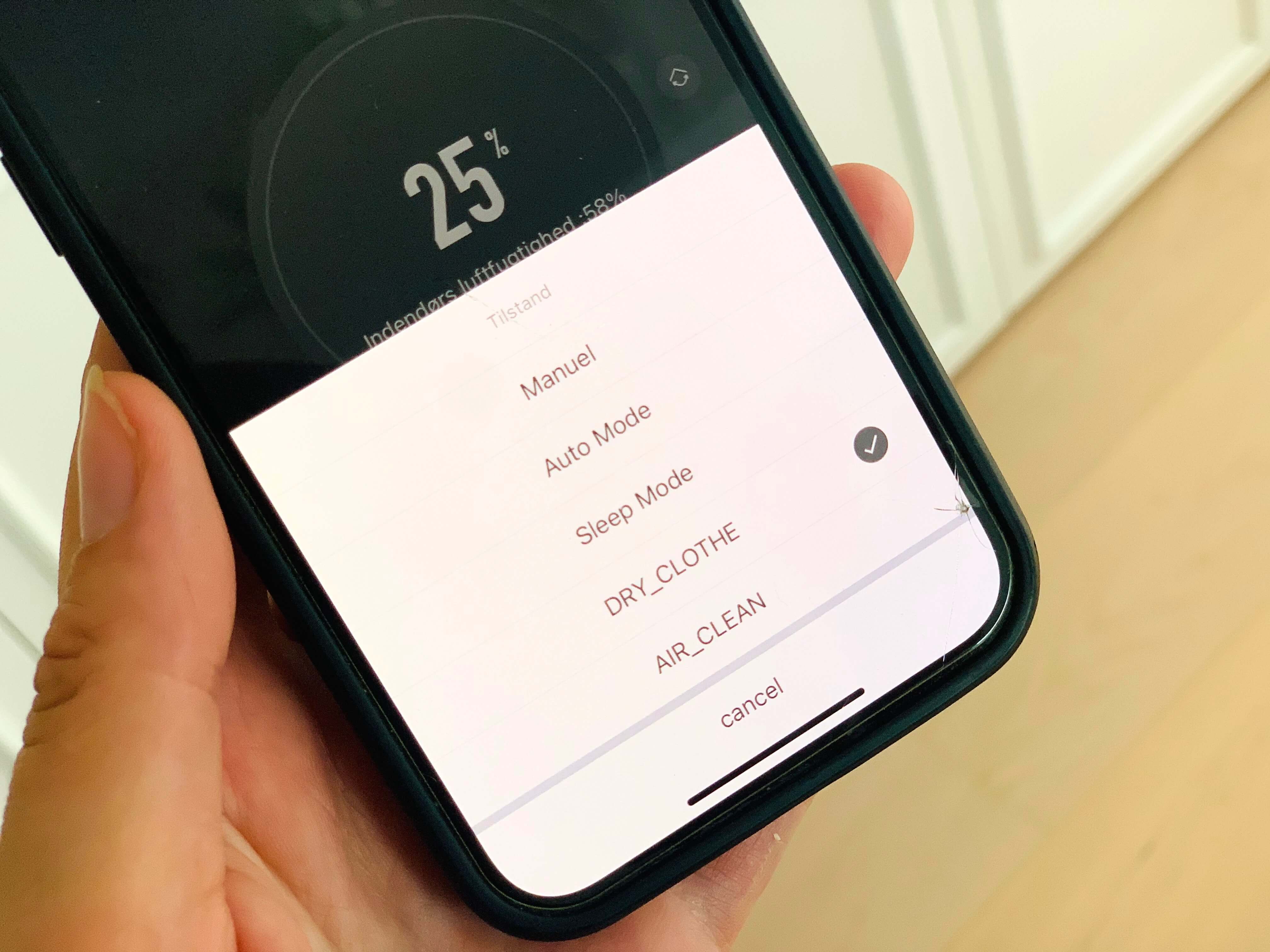 Tøjtørringstilstand vises på app til eeese affugter og luftrenser