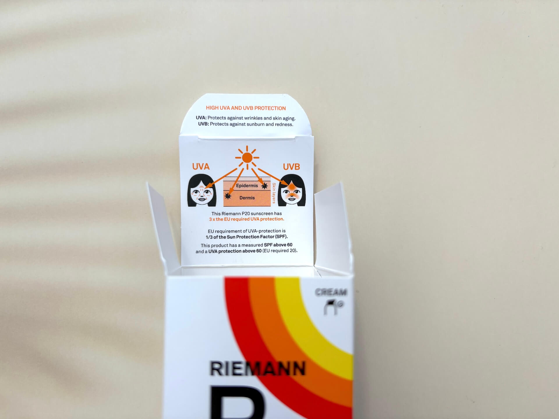 UVA og UVB info på P20 Riemann Hyperpigmentation Defence SPF 50+