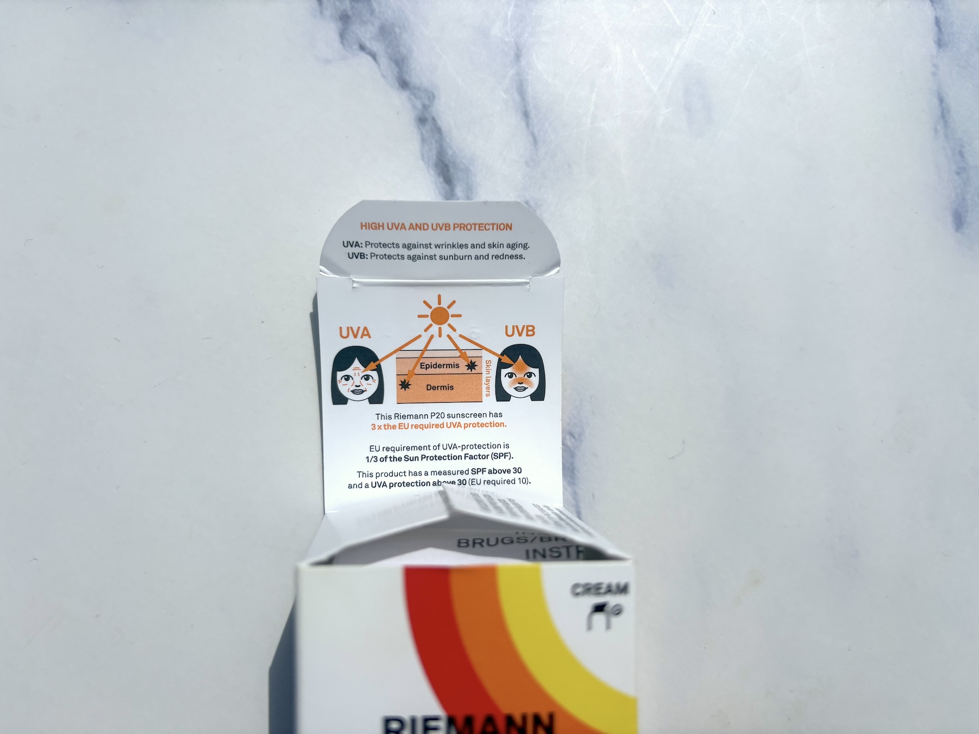 UVA og UVB info på P20 Riemann Original Face SPF 30
