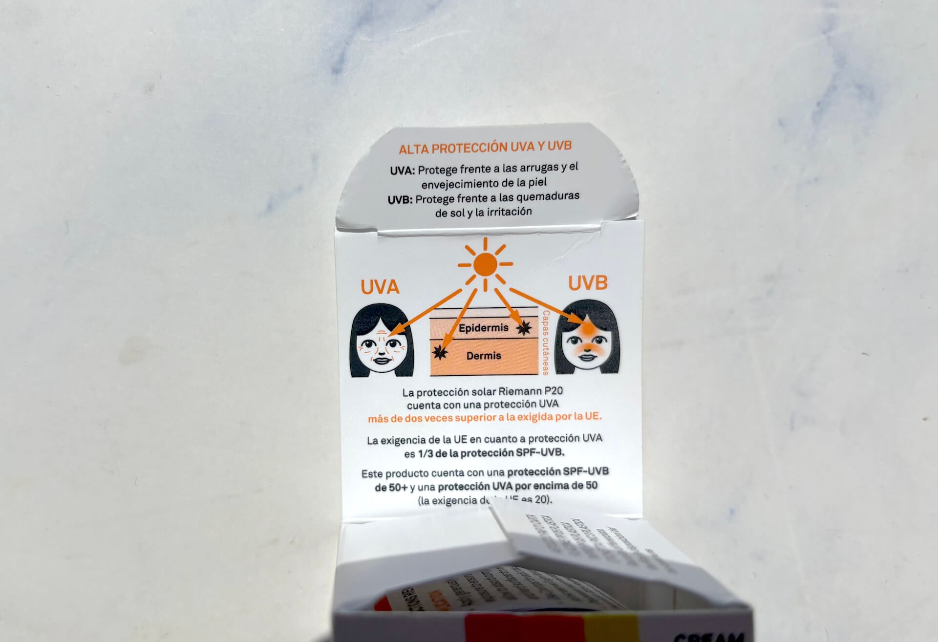 UVA og UVB info på P20 Riemann Urban Shield SPF 50+