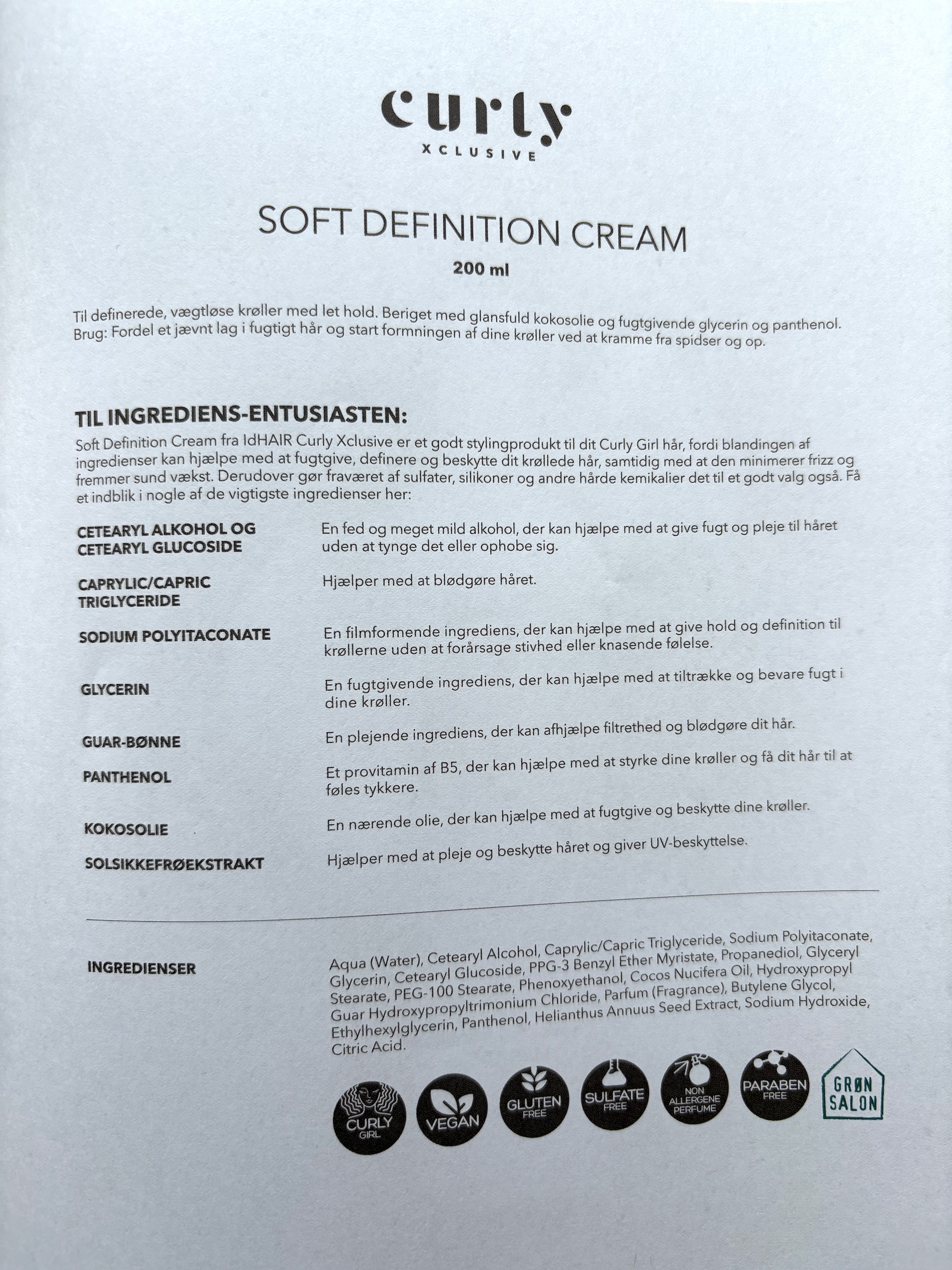 Vejledning og ingredienser i IdHAIR Curly Xclusive Soft Definition Cream
