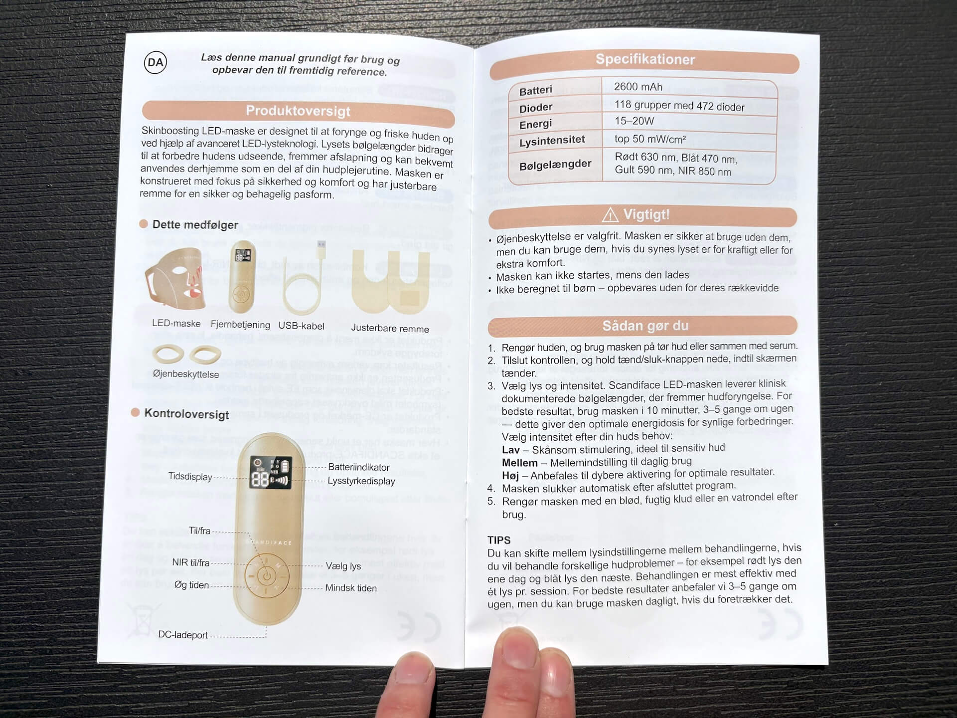 Vejledning på dansk til Scandiface Skinboosting LED mask