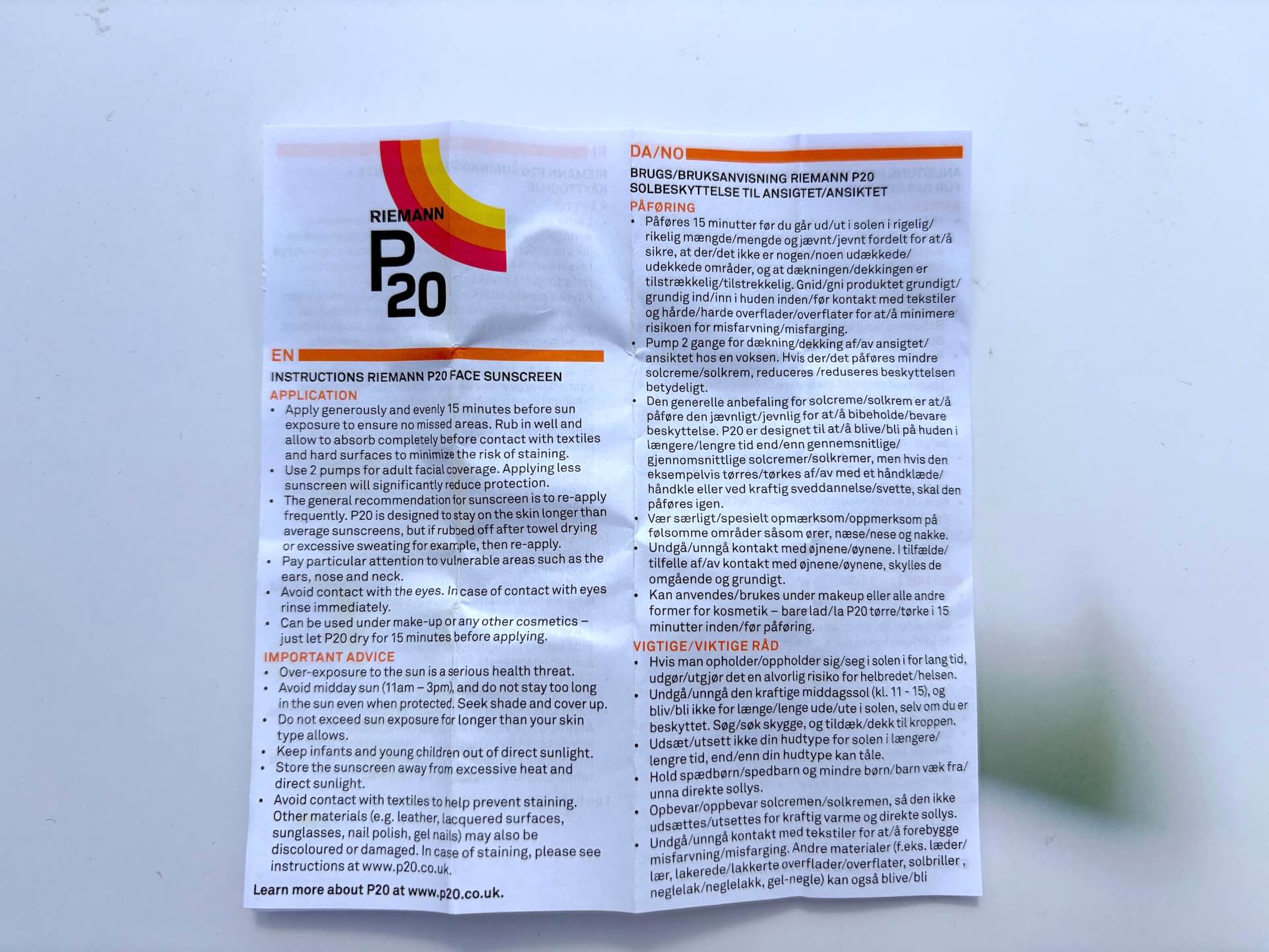 Vejledning til P20 Riemann Sensitive Face SPF 50+