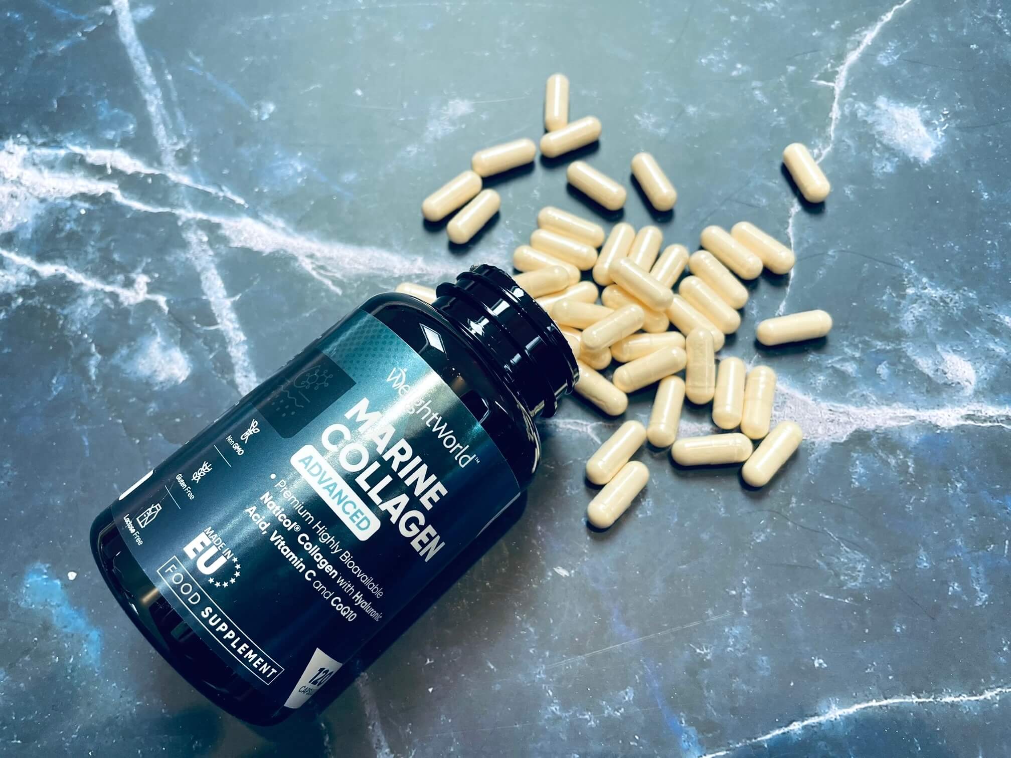 Weightworld Marine Collagen Advanced kapsler på et bord